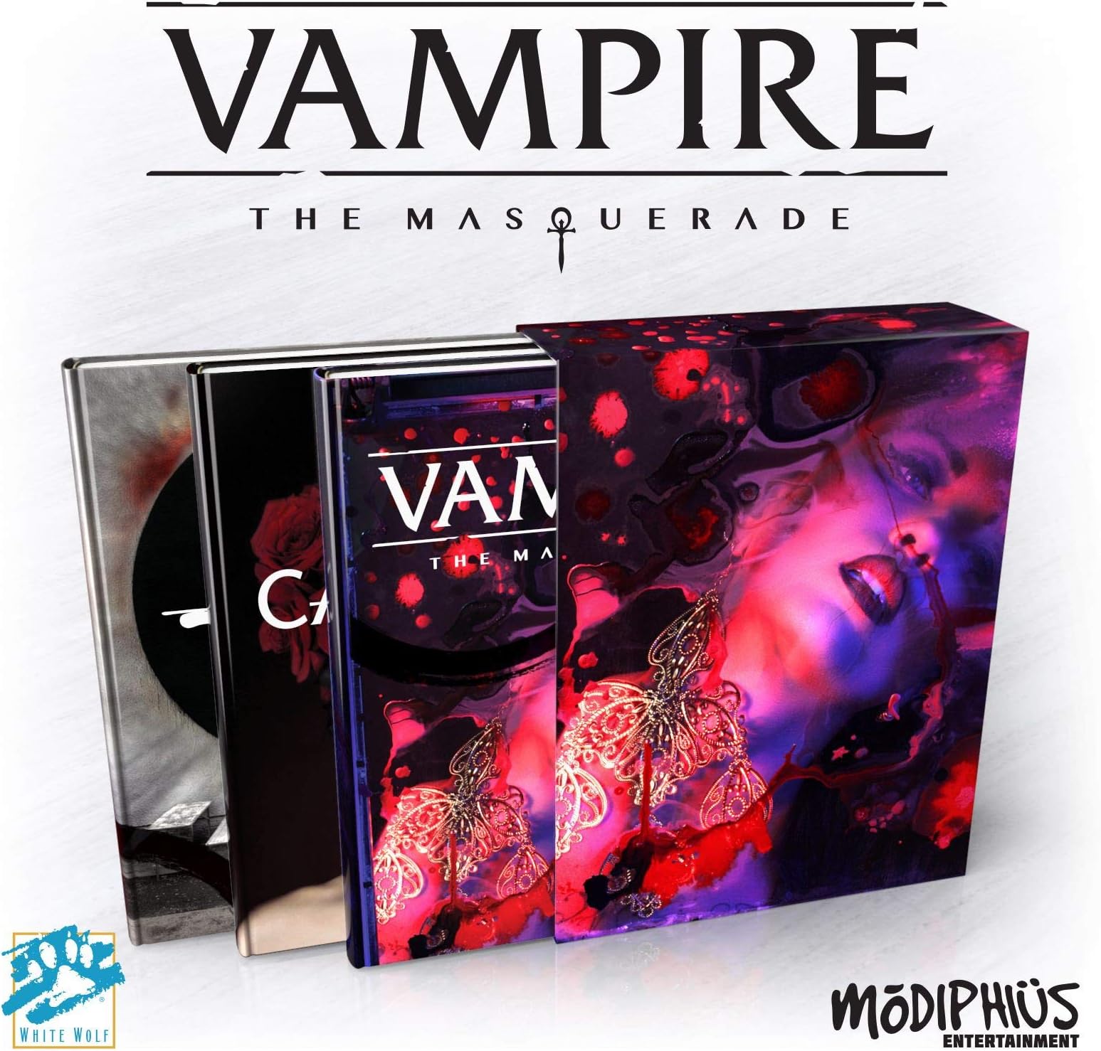 Modiphius Entertainment Vampire: The Masquerade 5th Ed. Slipcase Set RPG for Adults 18 Years Old and Up (3 Books in Slipcase, Hardback, Full Color RPG)