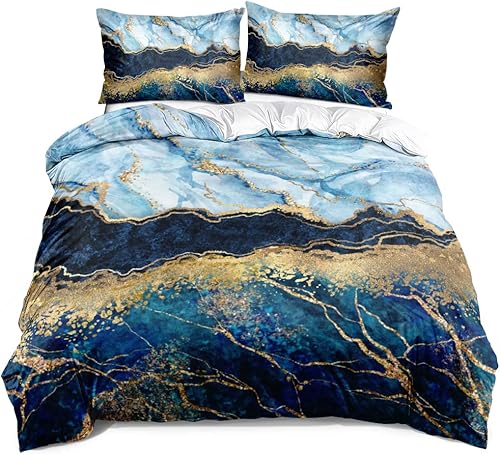 Miniatura 2 de Juego de funda de edredón de mármol azul real, tamaño Queen, fundas de edredón de lentejuelas doradas con 2 fundas de almohada, transpirable,