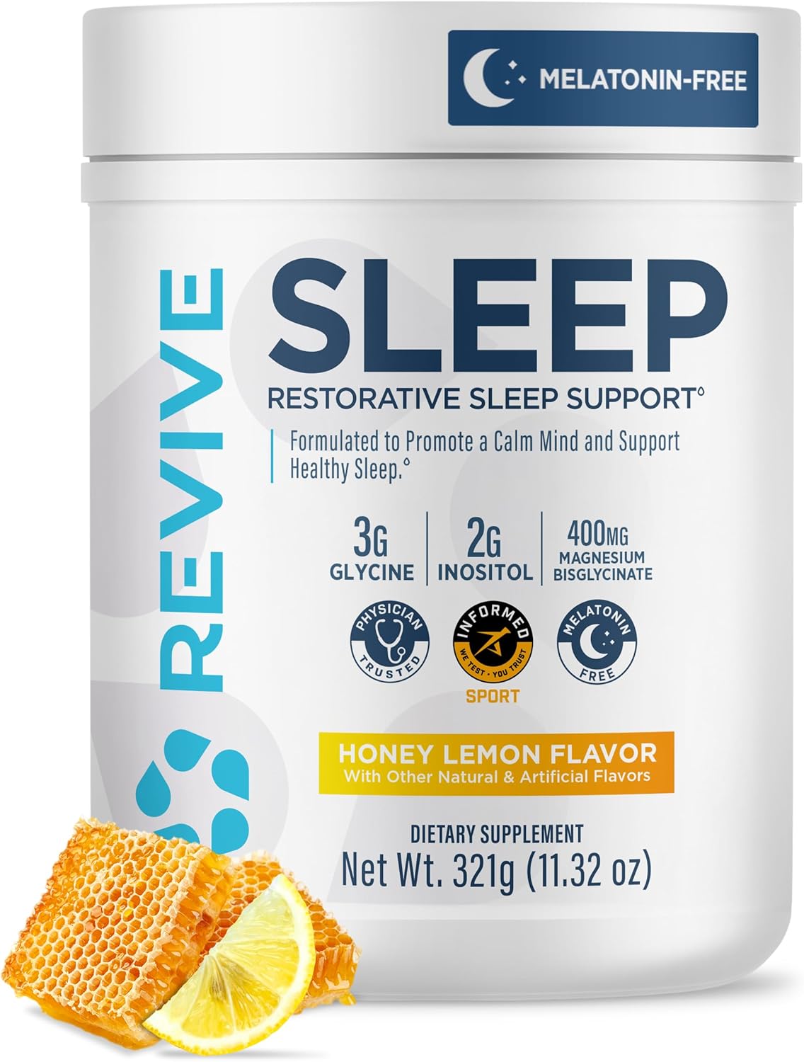 Revive MD Melatonin-Free Sleep Support Supplement for Adults, Honey Lemon - Natural Sleep Aid Supplements with Magnesium (Glycinate), Inositol & L-Theanine for Deep Relaxation (30 Servings)