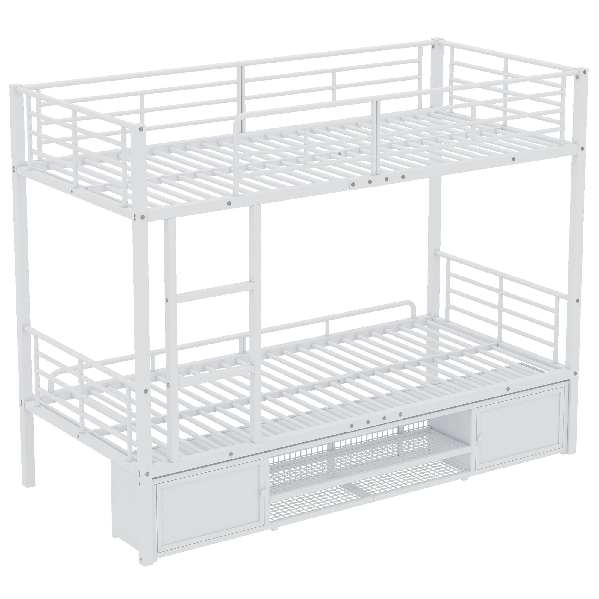 Litera de 90x200 cm con Zapatero Abierto y 2 Armarios, Literas Cama Infantil con Escalera y Protección Anticaída, Literas Infantiles Juveniles, Somier Metálico, Sin Colchón, Blanco