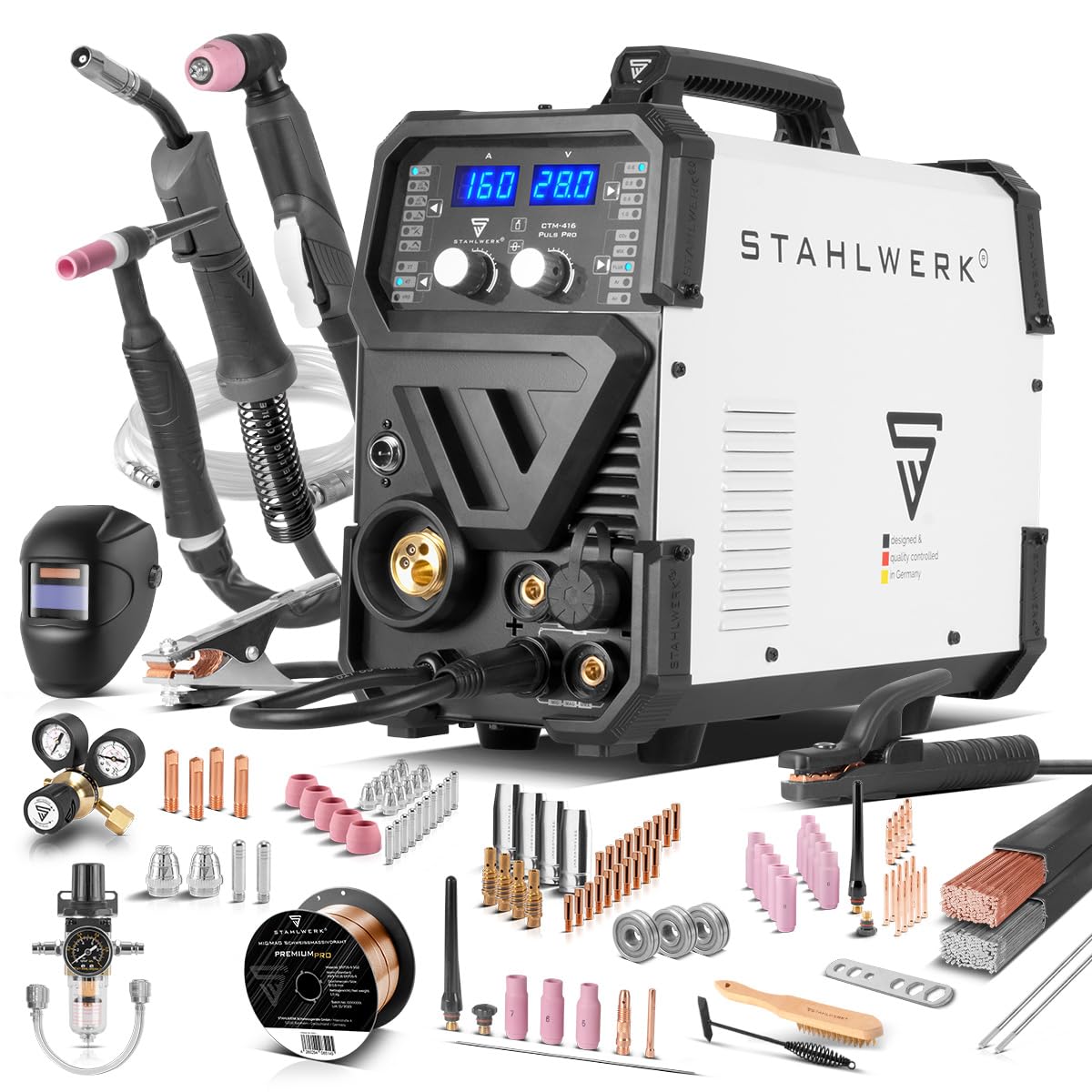 STAHLWERK Soldadora combinada 6 en 1 CTM-416 Puls Pro – Equipo completo – CUT, TIG, MIG/MAG, PULSO, MMA (Electrodo/ARC), FLUX hasta 160 A, cortadora de plasma hasta 40 A, encendido HF