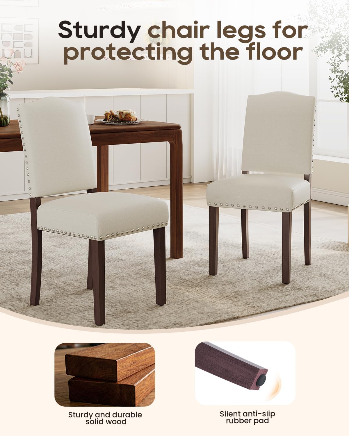 Upholstered Dining Chairs Set of 4 with Thickened Seat Cushion, Wooden Mid-Century Modern Fabric Farmhouse Kitchen Chairs for Dining Room Living/Restaurant/Reading Room(Beige)