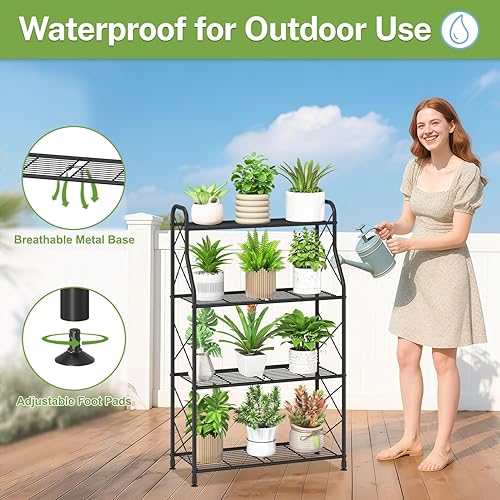 Miniatura 5 de iDavosic.ly Soporte para plantas de 4 niveles para interiores, estante de metal para macetas grandes, estante alto para patio, porche, jardín, Negro
