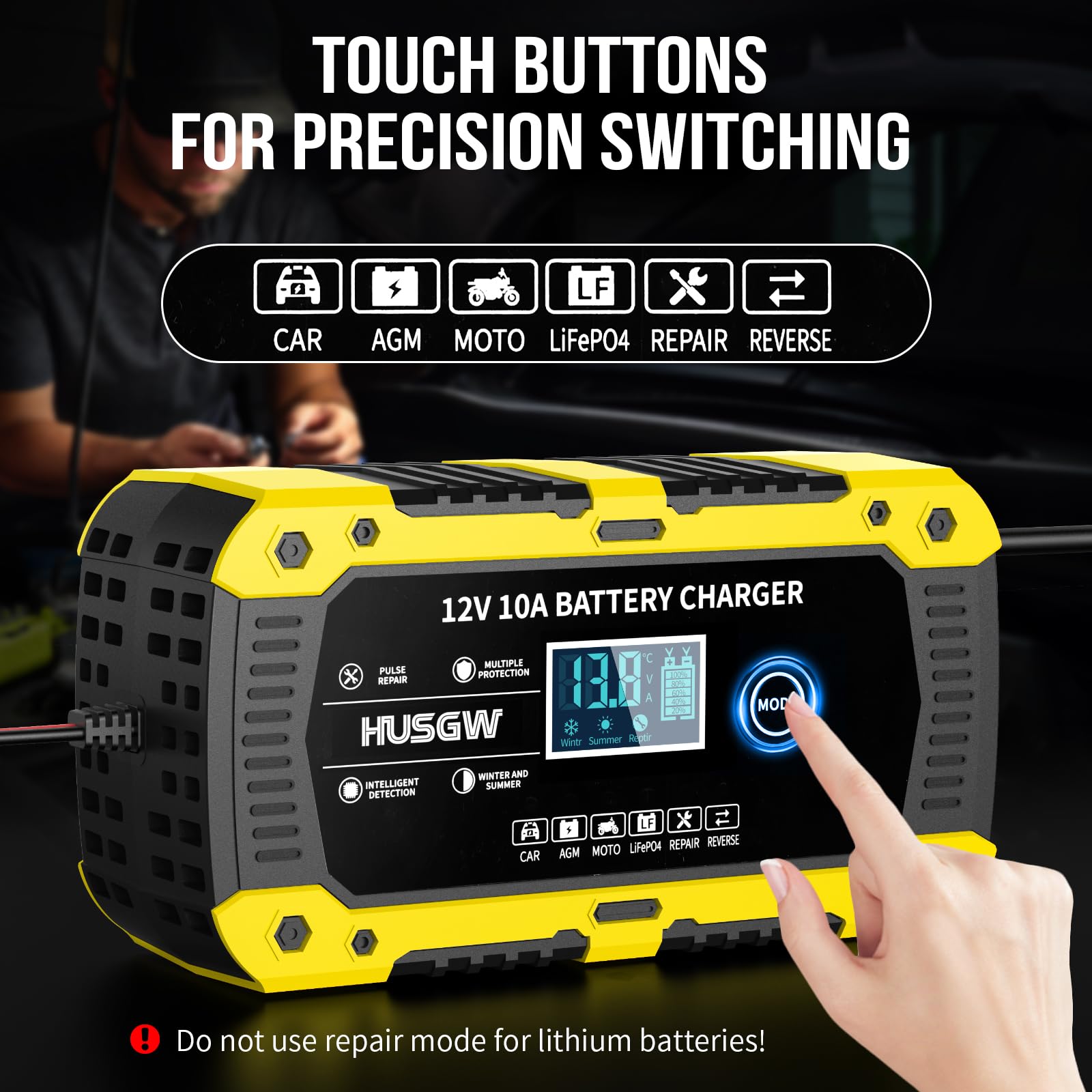 12V10A Cargador Baterias Coche, Cargador de Baterias Coche y Moto Inteligente y Funciones, Adecuado para Baterías Automotrices LiFePO4,para Coche/Moto/Clippers/AGM/Gel/Wet/SLA (10A) (10 Amarillo)