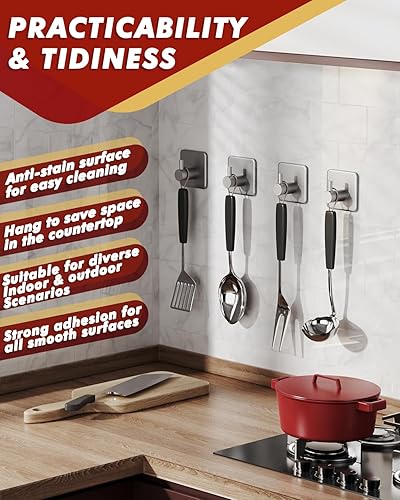 Miniatura 6 de Ganchos adhesivos resistentes de 30 libras (máx.), paquete de 5 ganchos de acero inoxidable sin daños para colgar abrigos, sombreros, toallas,