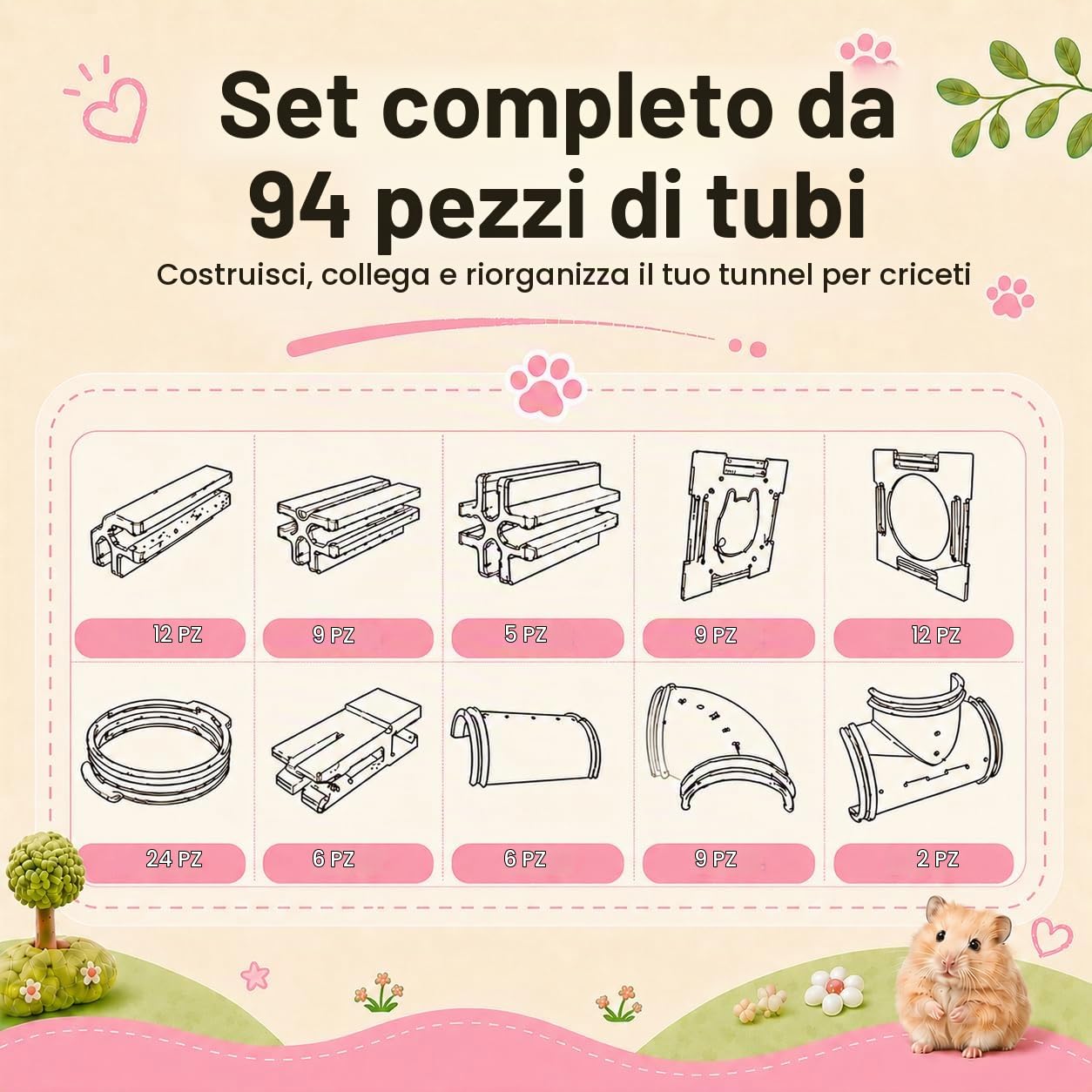 94 pezzi DIY Criceto Tunnel-Terreno di Gioco Modulo,Tubo Casa Piattaforma Esercitazione per Topo Criceti Topi Gerbil Piccoli Animali