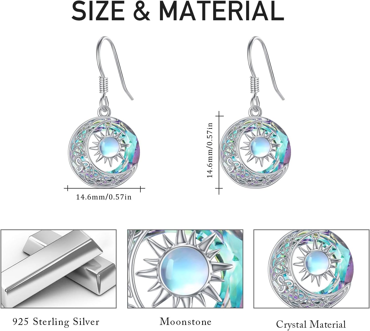 Sun and Moon Earrings 925 Sterling Silver Crescent Moons Sunburst Earrings with Crystal Moonstone Sun Moon Jewelry Gifts for Women Wife Grandmother