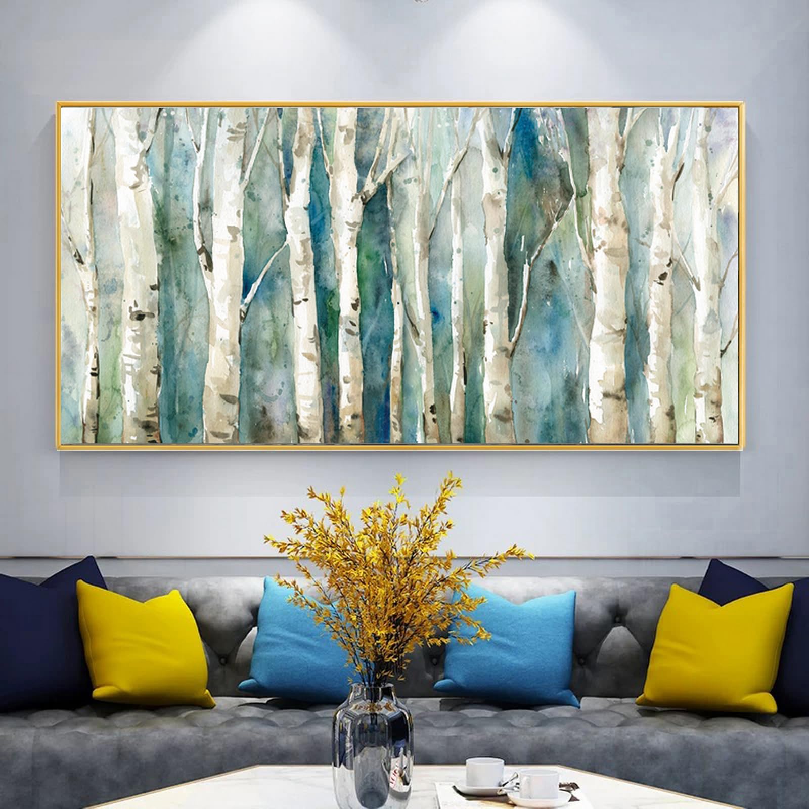 Framed Birch Trees Wall Art Canvas for Living Room, Large Blue Forest Wall Painting for Office,Modern Landscape Artwork for Bedroom Home Decor 24x48inches