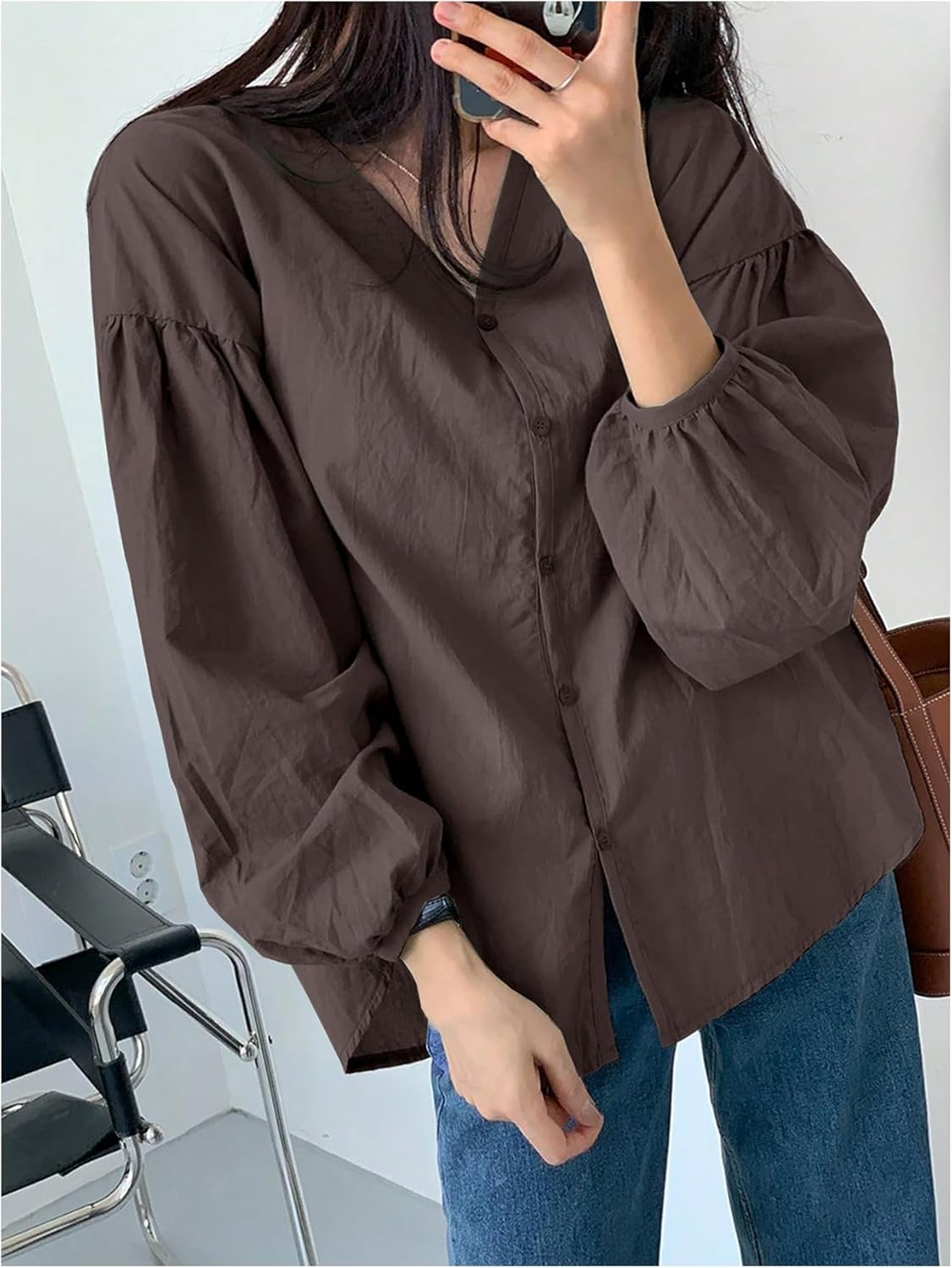 GORGLITTER Women's Bishop Long Sleeve Button Down Blouse Tops Dressy Casual V Neck Fall Business Work Oversized Shirts Coffee Brown Large - Image 2