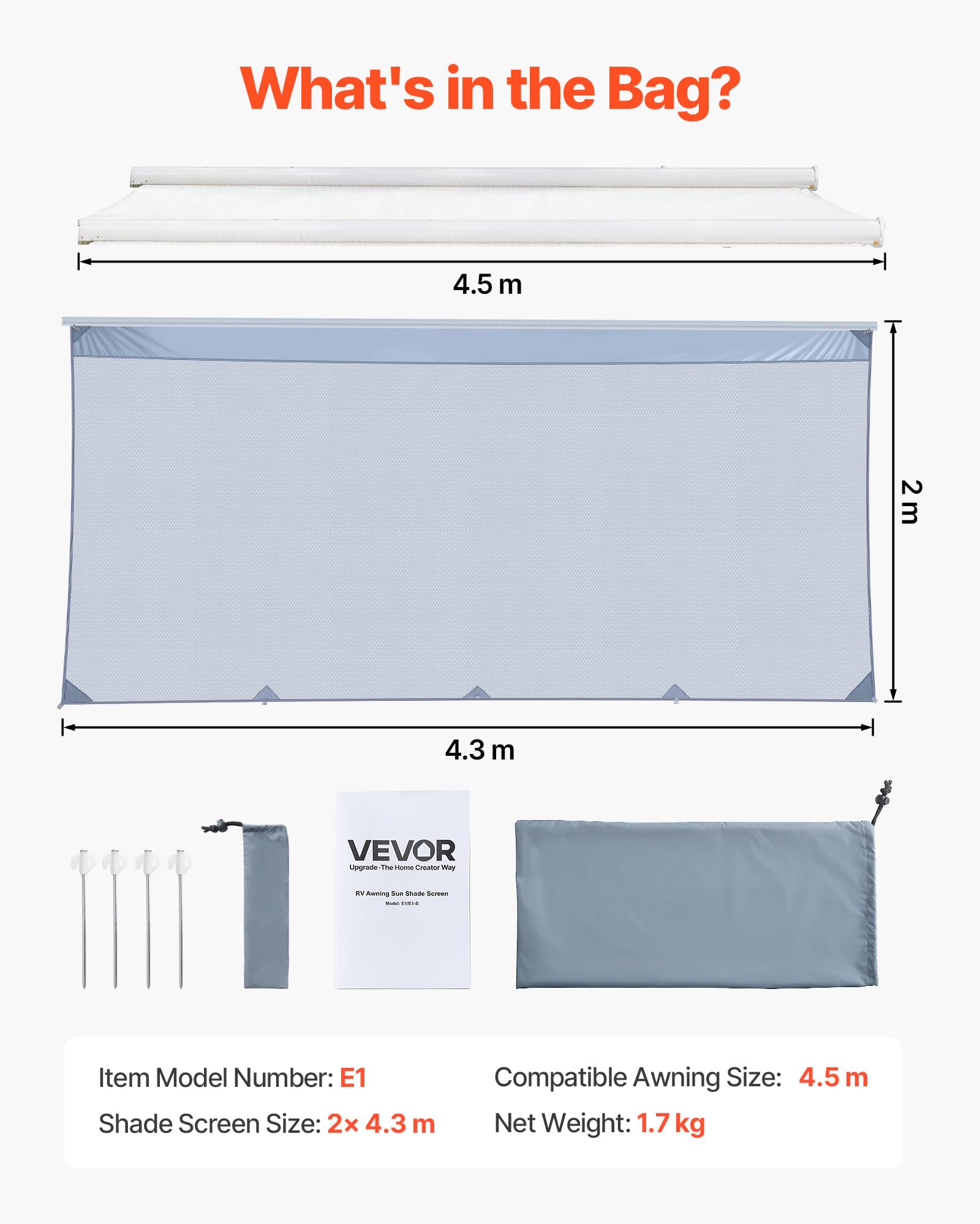 VEVOR Pannello Laterale Frangisole in Poliestere Trasparente Parete Frontale per Camper Roulotte 2x4,3m Compatibile per Tenda da Sole 4,5m