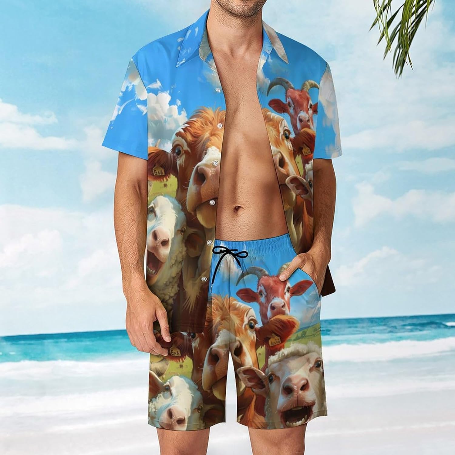 Farmhouse Animals Selfie Picture Men's Summer Beach Outfits Shirt And Shorts Set 2 Piece Vacation Swimwear