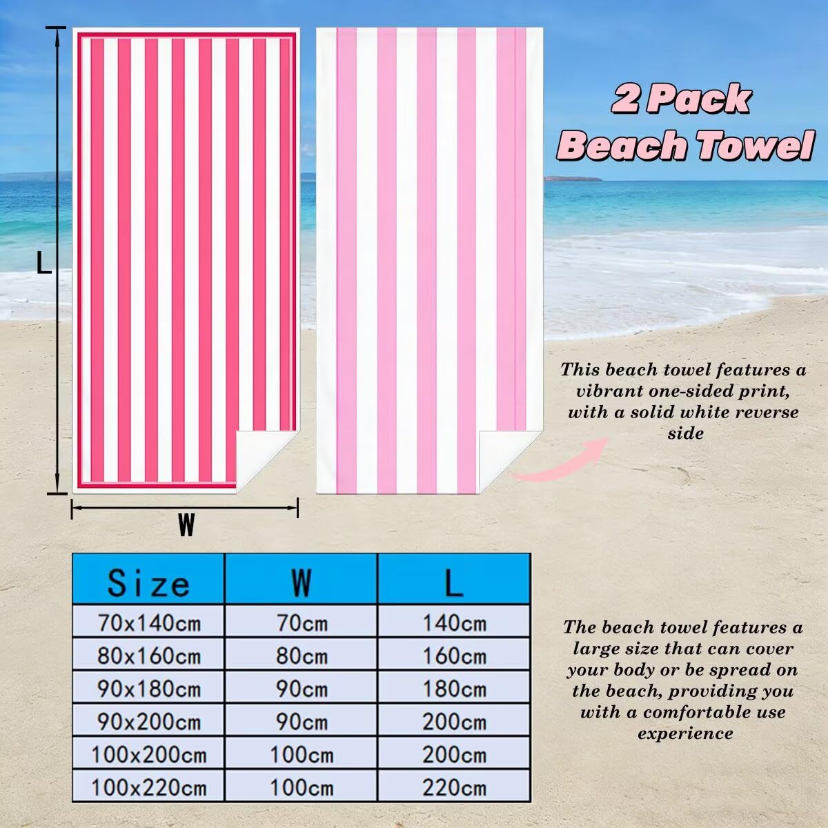 Zestaw 2 dużych ręczników plażowych 80x160 cm, szybkoschnący ręcznik z mikrofibry na siłownię, odporny na piasek Ręczniki plażowe w paski, duże lekkie kompaktowe ręczniki z mikrofibry dla kobiet