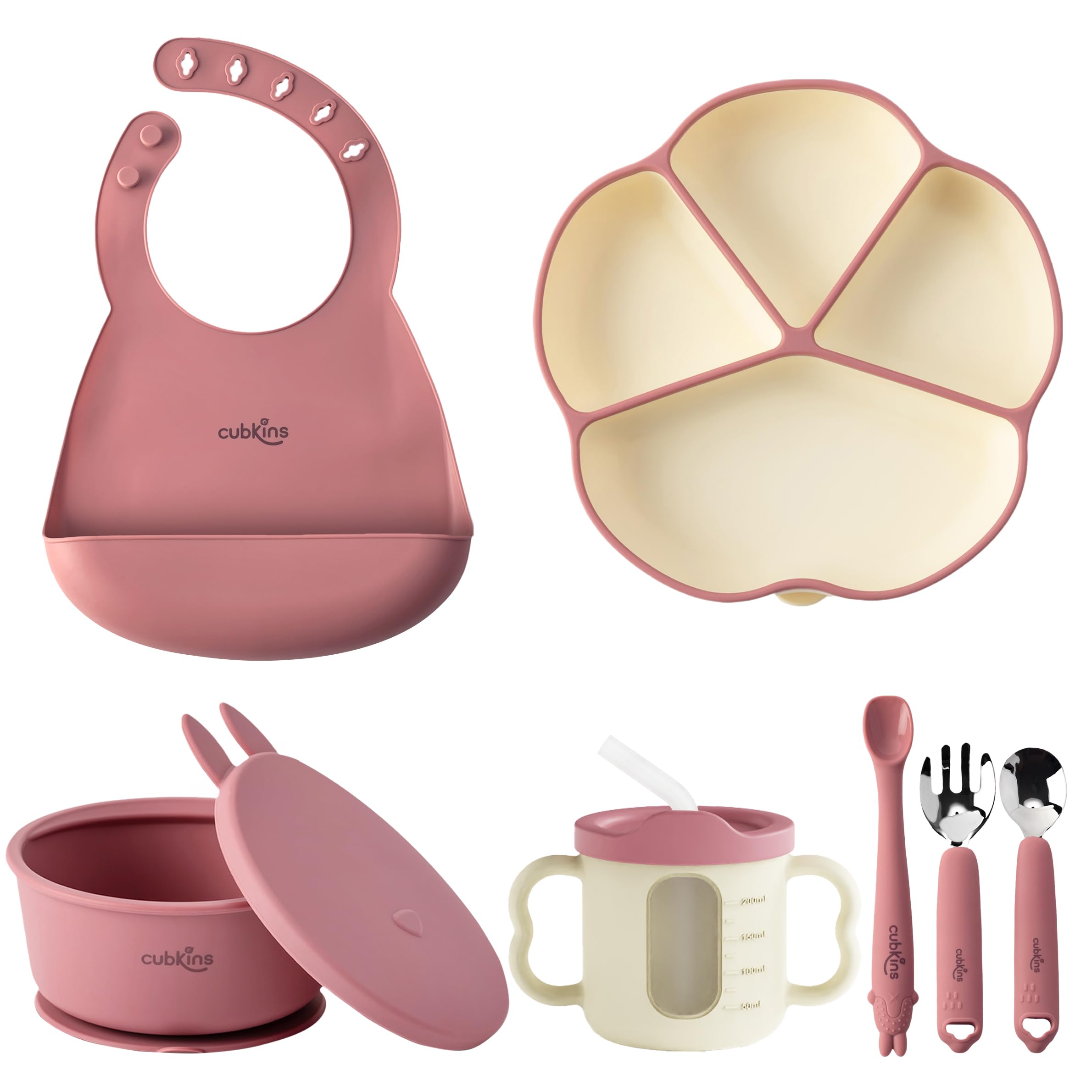 Silicone Essential Feeding Set for Babies, Toddlers | BPA-Free & Microwave Safe | Plate & Bowl w Suction, Sippy Cup with Straw & Lid, Spoon, Fork, Early Feeding Spoon & Bib (Raspberry)-image-24