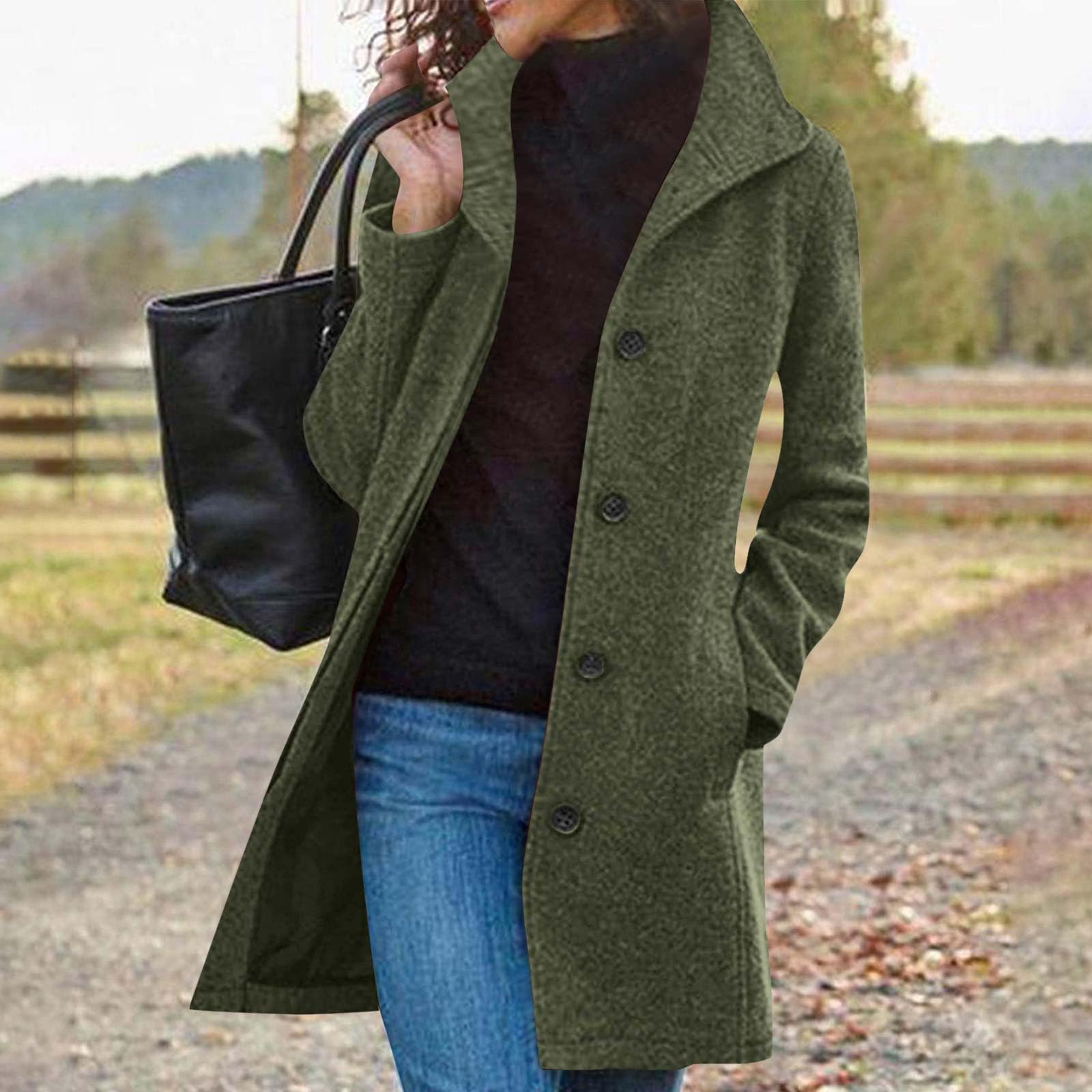 Manteau d'hiver long en laine pour femme - Trench - Vêtements d'automne - Blazers décontractés - Veste boutonnée à revers cranté - Mélange de paons - Col montant - Simple boutonnage