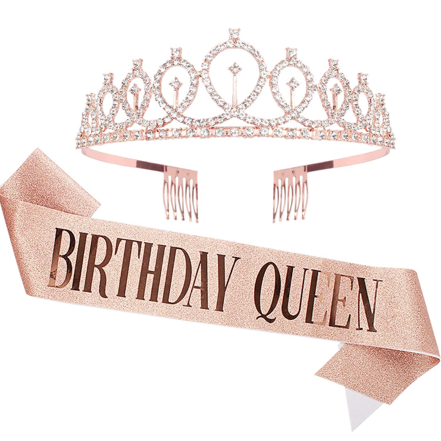 HAZSPY Birthday Queen Tiara & Sash Set for Women – Rose Gold Crystal Rhinestone Crown with Glitter Sash | Birthday Party Decoration Accessories for Girls & Ladies-image-2