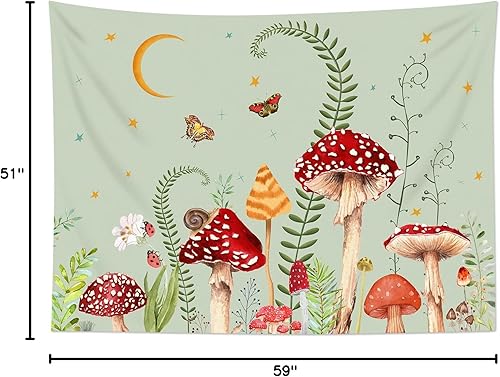 Miniatura 8 de LB Tapiz de pared de hongos rojos para colgar en la pared, diseño vintage de mariposa y plantas rústicas de naturaleza floral sobre verde salvia,
