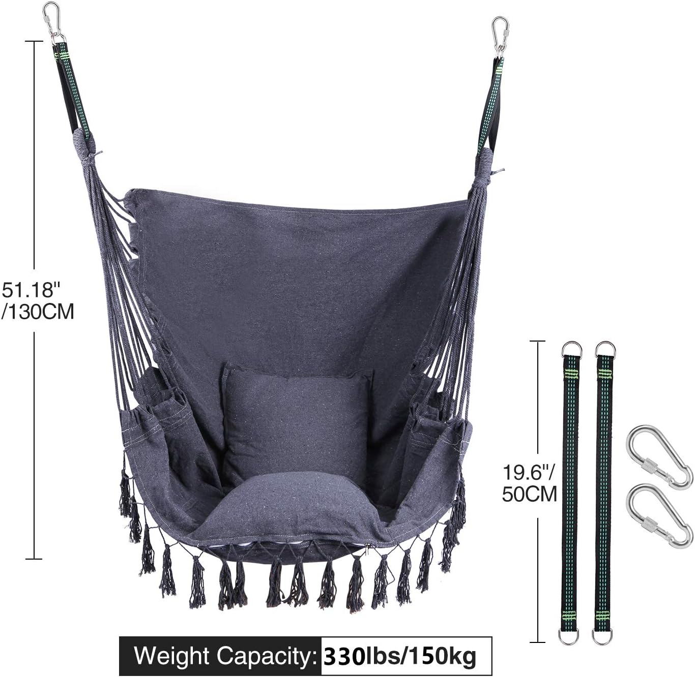 RedSwing Hanging Hammock Chair, Hanging Rope Swing with 2 Cushions and Hardware Kits, Quality Cotton Weave for Superior Comfort and Durability, Max Load 330Lbs Grey