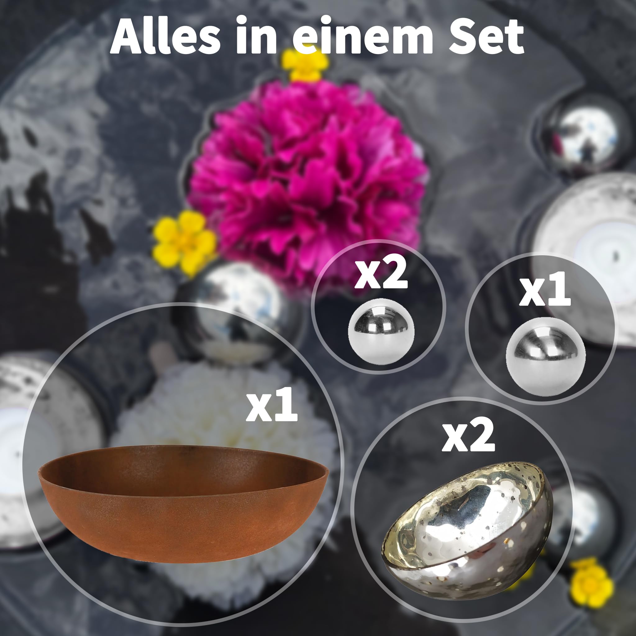 matches21 HOME & HOBBY Mini étang complet avec pot de fleurs bombé rouillé Ø 37 cm avec boules flottantes et photophores argentés