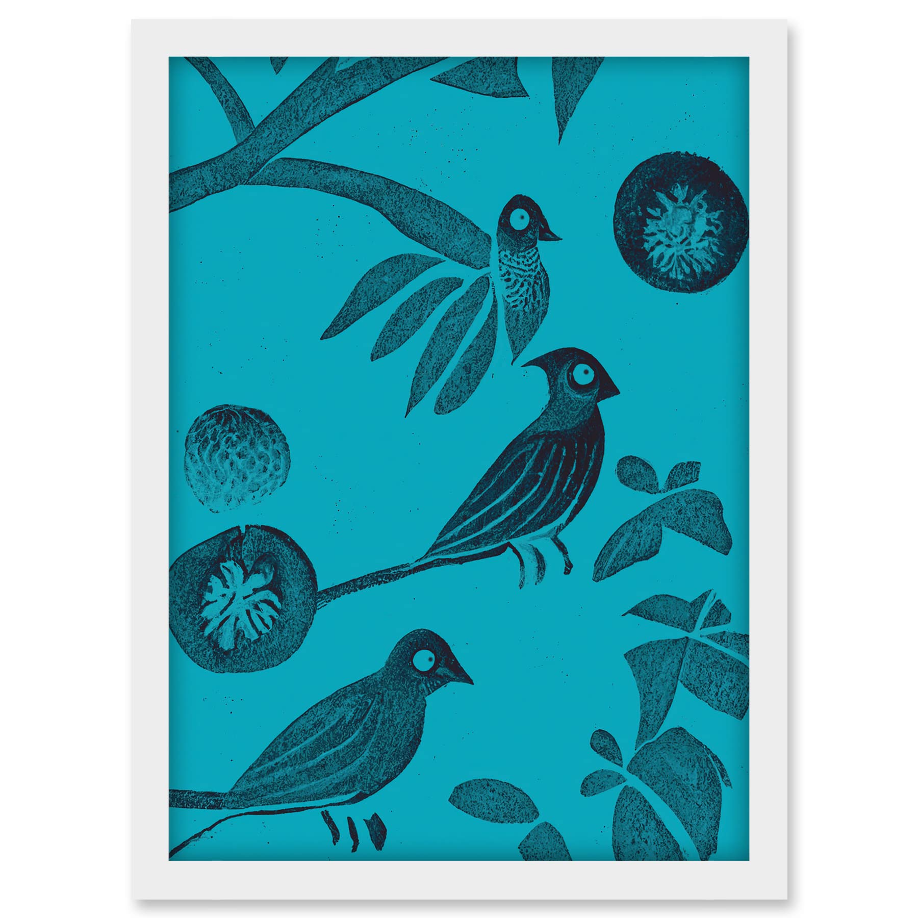Doppelganger33 LTD Linocut Vintage Blue Birds Jungle Pattern Illustration Teal Artwork Framed A3 Wall Art Print