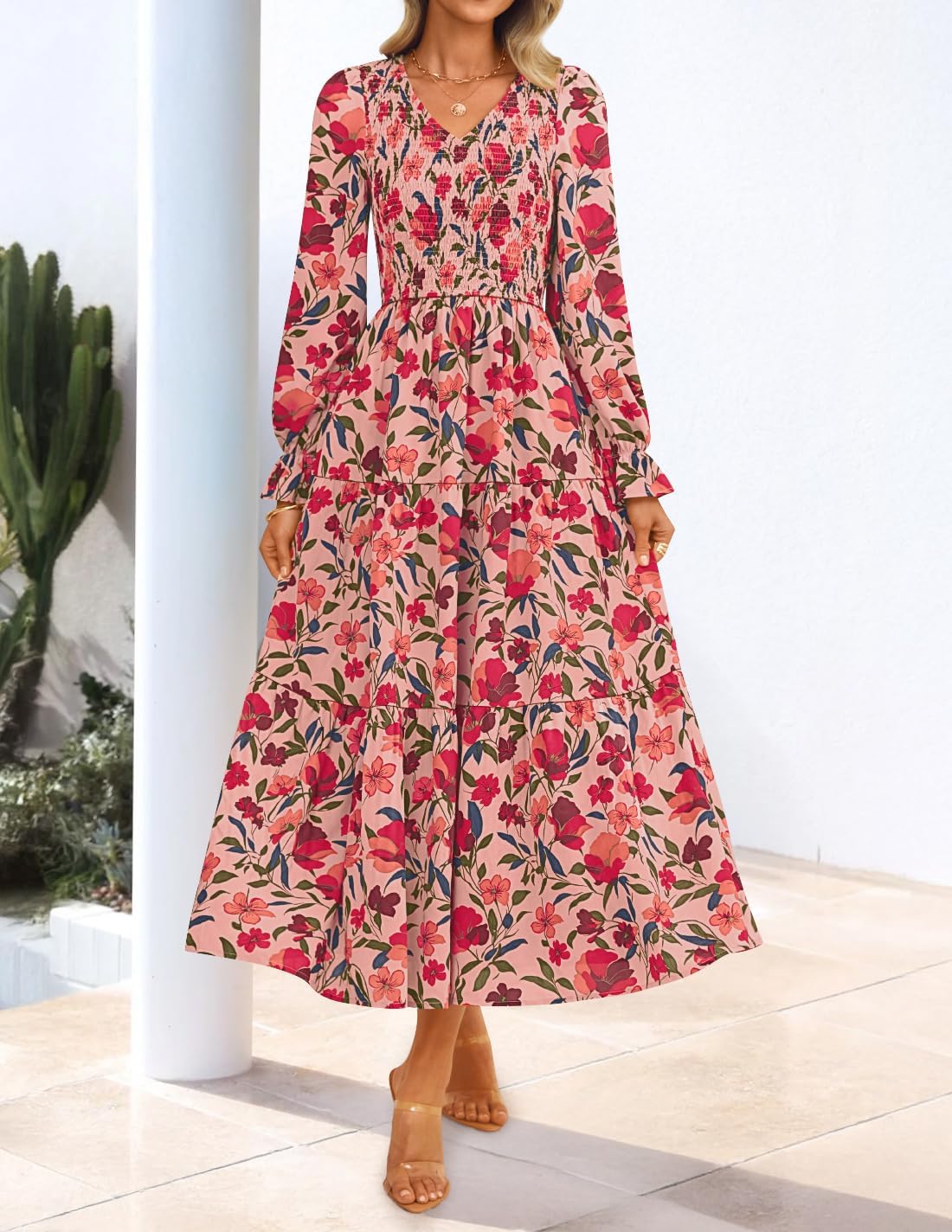 ZESICA Womens Floral Boho Maxi Dress 2026 Spring Summer Casual Long Sleeve V Neck A Line Flowy Wedding Guest Dresses - Image 8