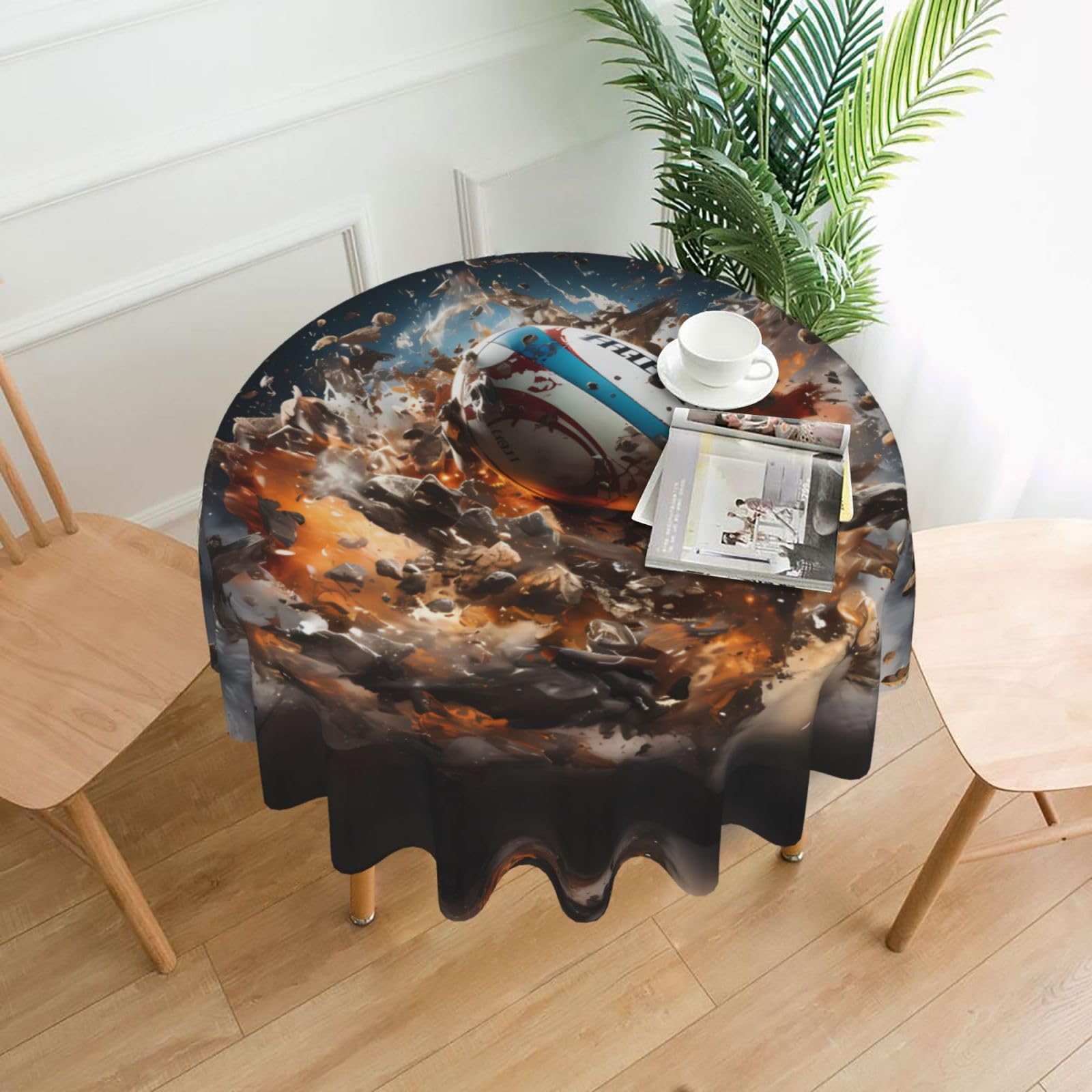 HLBSDM Rugby on Fire Printed Practical Round Tablecloth, Durable, Suitable for Home, Restaurant, Hotel, Gathering, and Decorative Table Covers