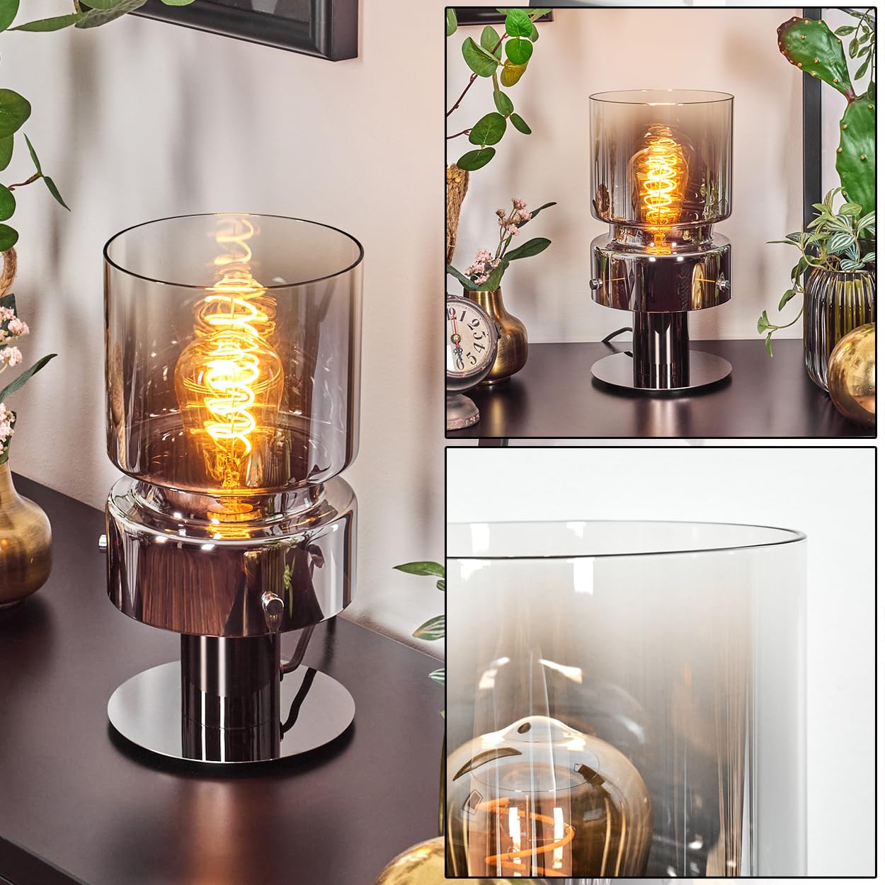 HOFSTEIN Table lamp Hasvik, Table lamp Made of Metal/Glass in Black/Chrome/Smoke/Clear, Modern lamp in Retro/Vintage Design with Glass Shade (Ø 15 cm), E27, Living Room, Bedroom, Hallway, Office