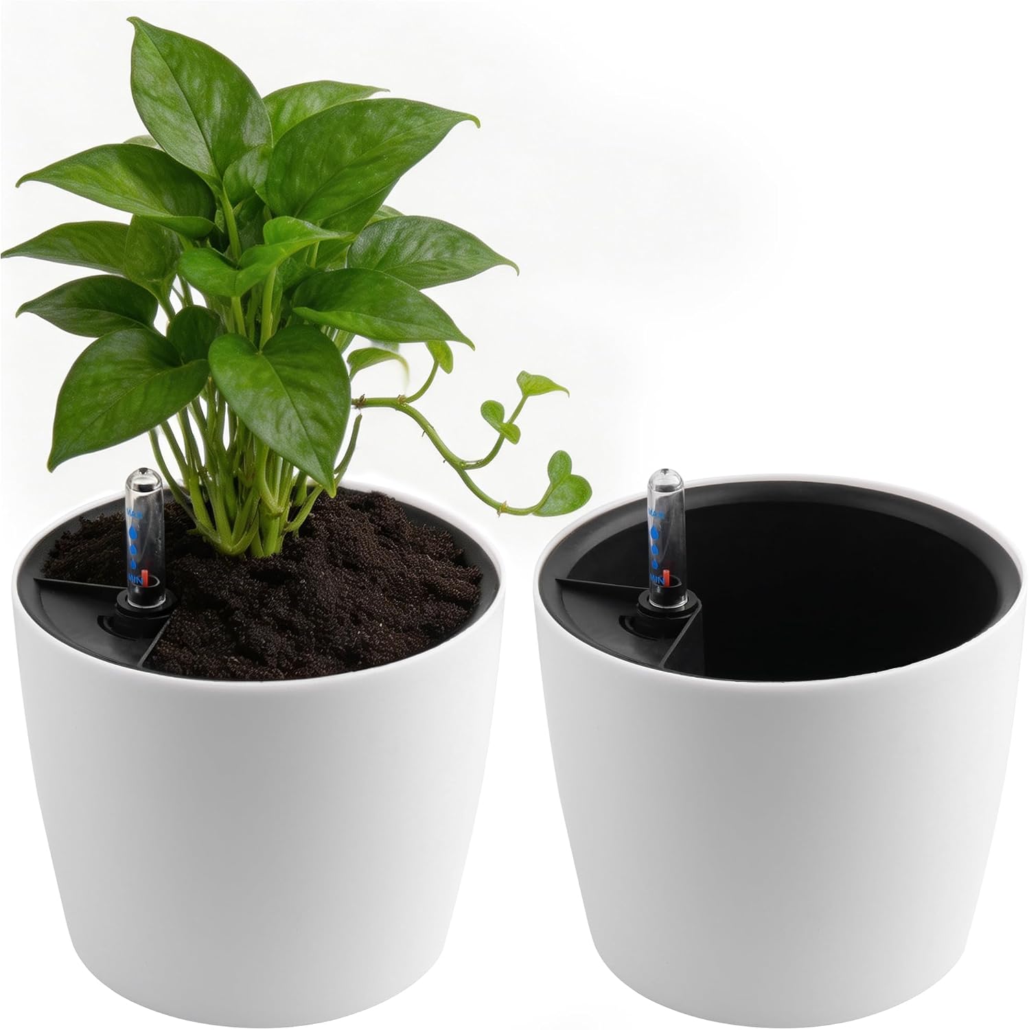 Set of 2 Round 18cm White PP Plastic Self Watering Pots with Water Tank and Level Indicator for Indoor and Outdoor Plants