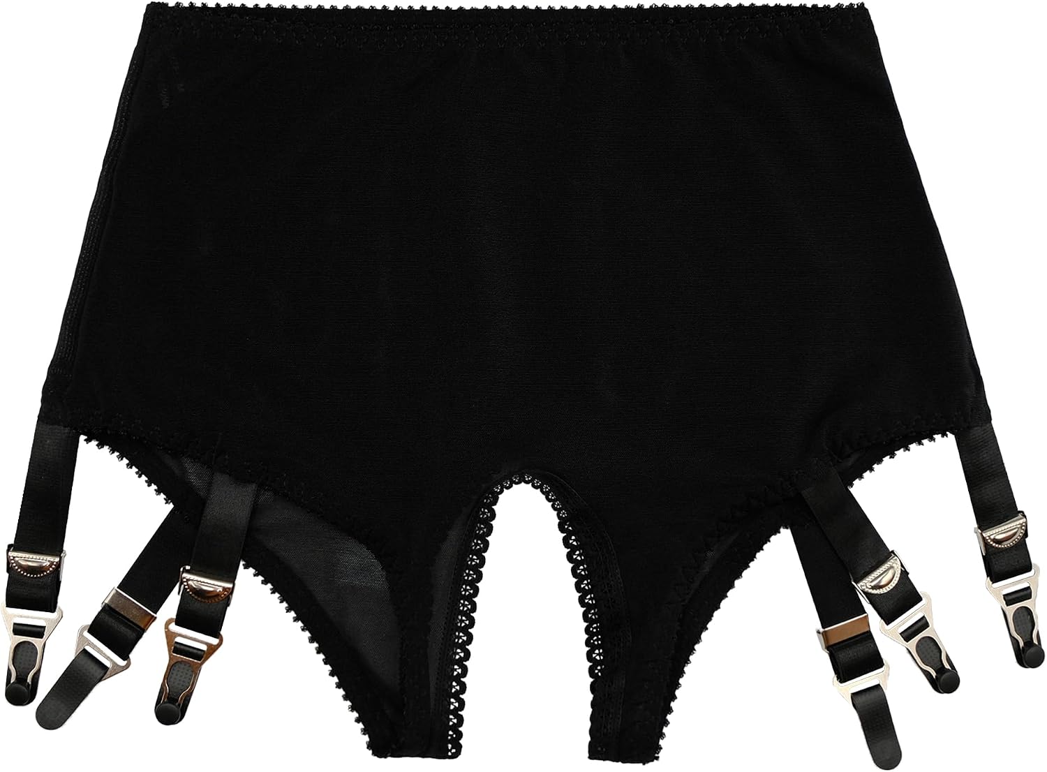 Open-Crotch Garter Panty with Adjustable 6 Straps Suspender Belt Metal Clips, for Thigh-High Stockings