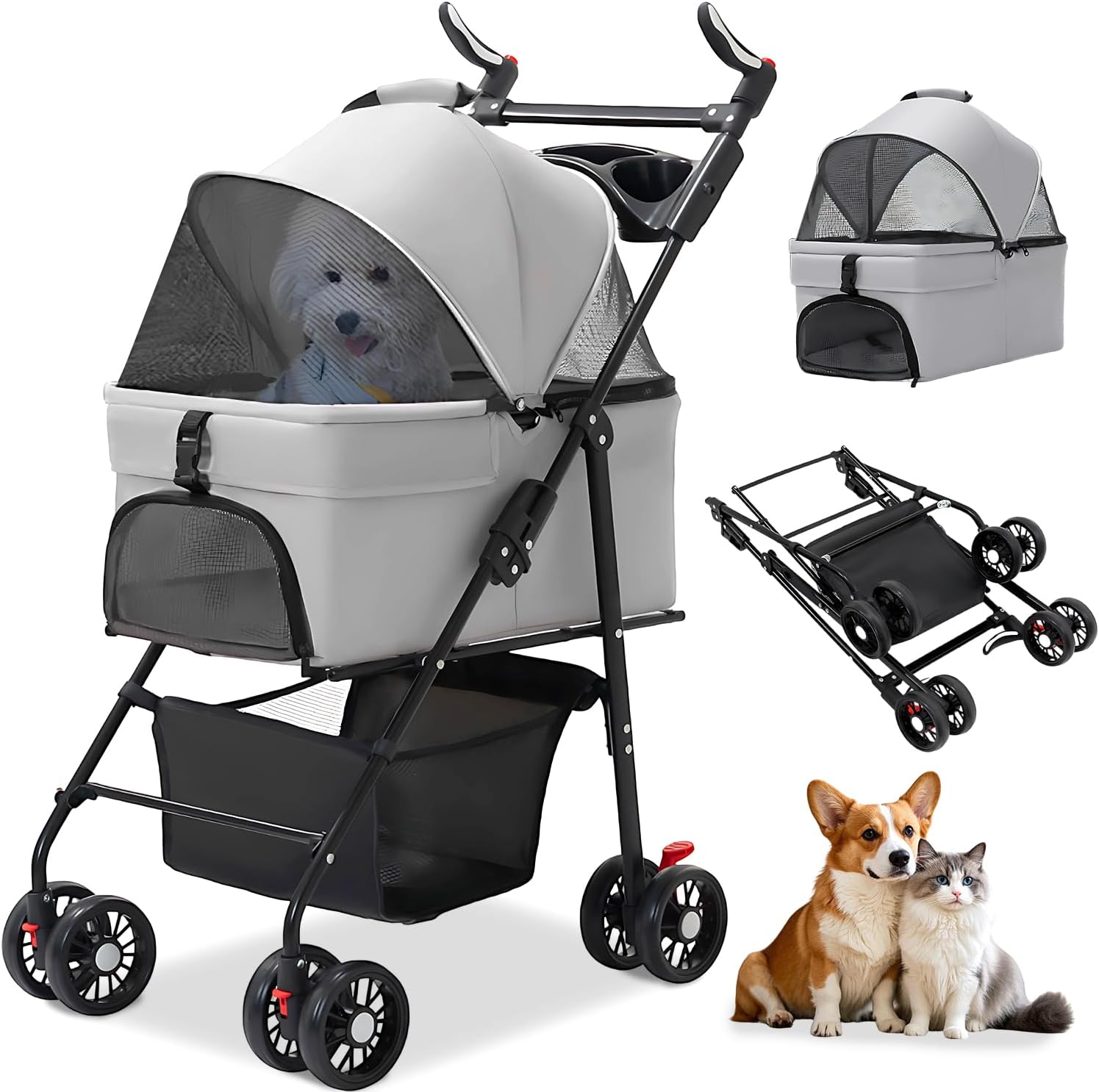 OXSITO ペットカート 分離型 多頭の小型犬&猫 中型犬一匹用 ペットバギー 前輪360°回転 後輪ブレーキ付 折りたたみ式 軽量コンパクト ワンタッチ折畳 組み立て簡単 日本語説明書付き キャンプ/散歩/老犬介護用 犬用カート