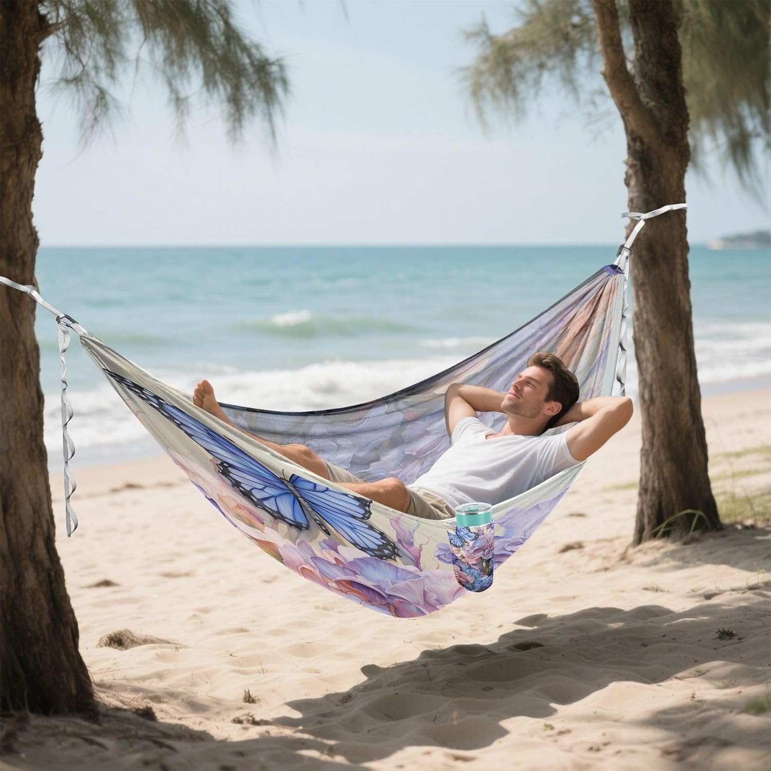 ALAZA Butterfly Iris Flowers Camping Hammocks Single or 2 Person 500 lbs Portable Parachute Travel Hammock w/Tree Straps for Hiking Backpacking Indoor Outdoor