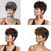 Vista 6 de Pelucas cortas de vino rojo estilo pixie para mujeres negras, pelucas cortas para mujeres negras, corte pixie natural negro y burdeos para mujeres