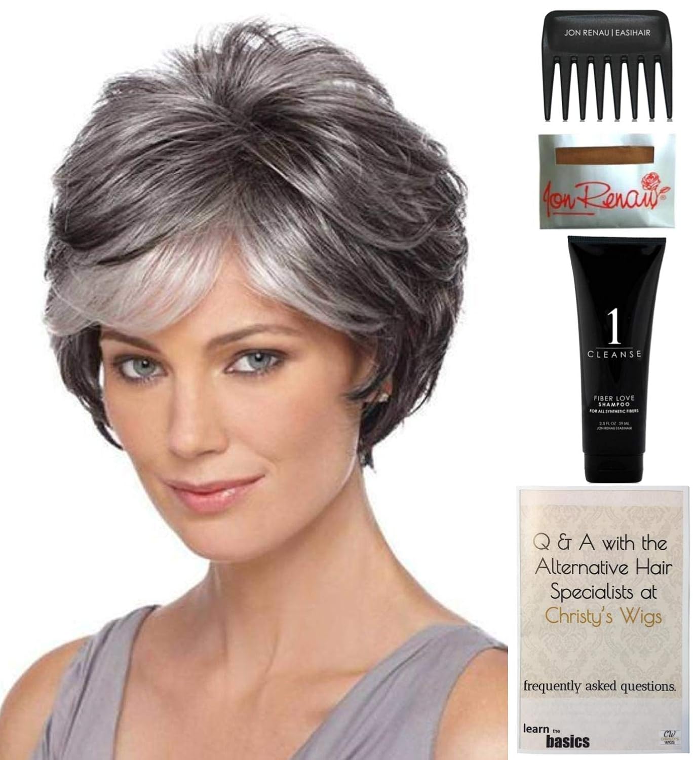 Bundle - 5 Items: True Wig by Estetica, Christy's Wigs Q & A Booklet, 2oz Travel Size Wig Shampoo, Wig Cap & Wide Tooth Comb - Color: SILVERSUNRT8