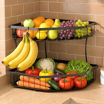 2 Tier Fruit Basket for Kitchen Counter - Detachable Metal Fruit Bowl with 2 Banana Hangers for Corner , Large Capacity Fruit Stand with Wooden Handle for Bread Fruit and Vegetable Storage
