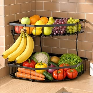 2 Tier Fruit Basket for Kitchen Counter - Detachable Metal Fruit Bowl with 2 Banana Hangers for Corner , Large Capacity Fruit Stand with Wooden Handle for Bread Fruit and Vegetable Storage- Black