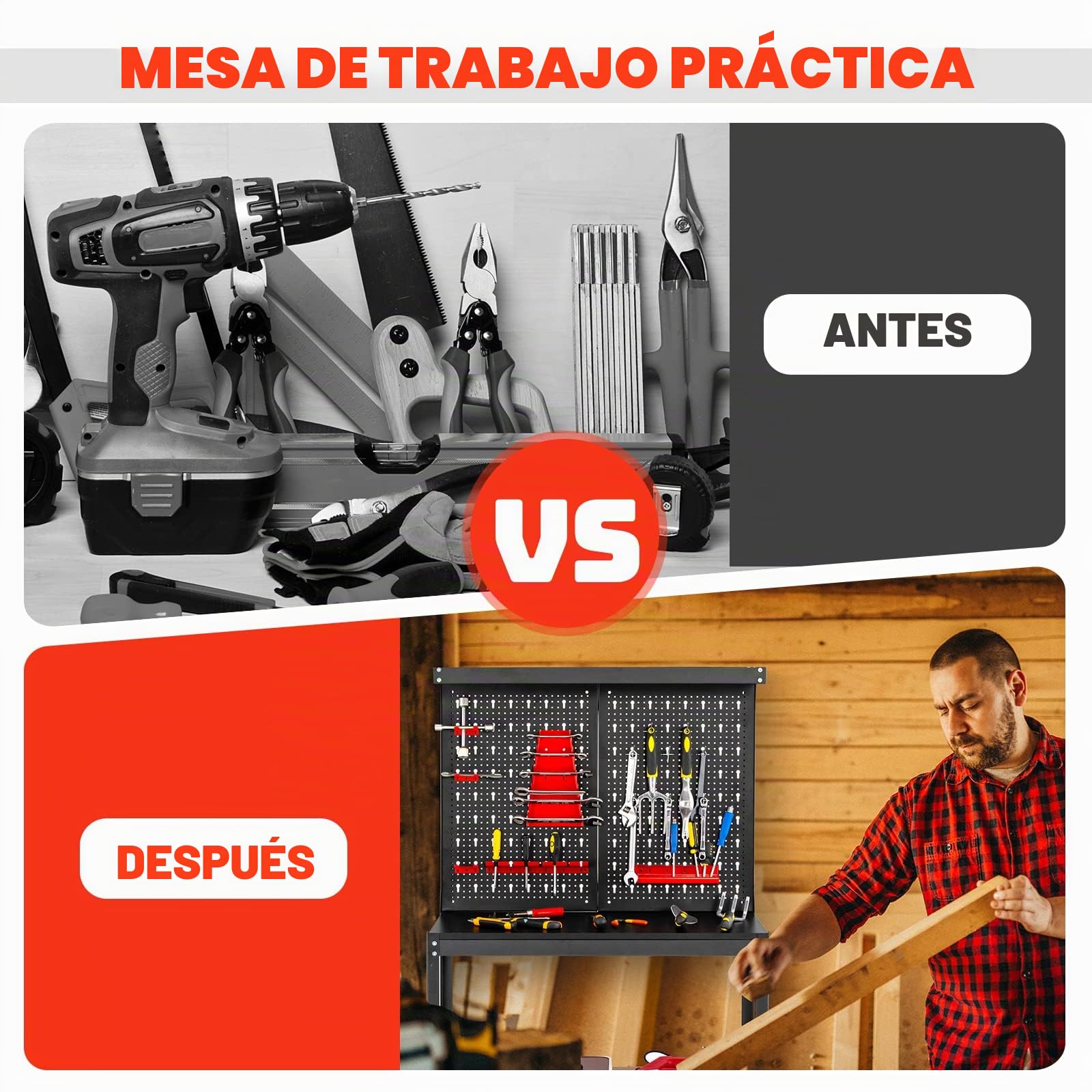 GOPLUS Banco de Trabajo Taller, Carga 100 kg, 810 x 410 x1555 mm, Mesa de Herramientas Carga con Tablero Perforado Metal, Estante Abierto, 14 Accesorios para Colgar (Negro+ Rojo Panel)
