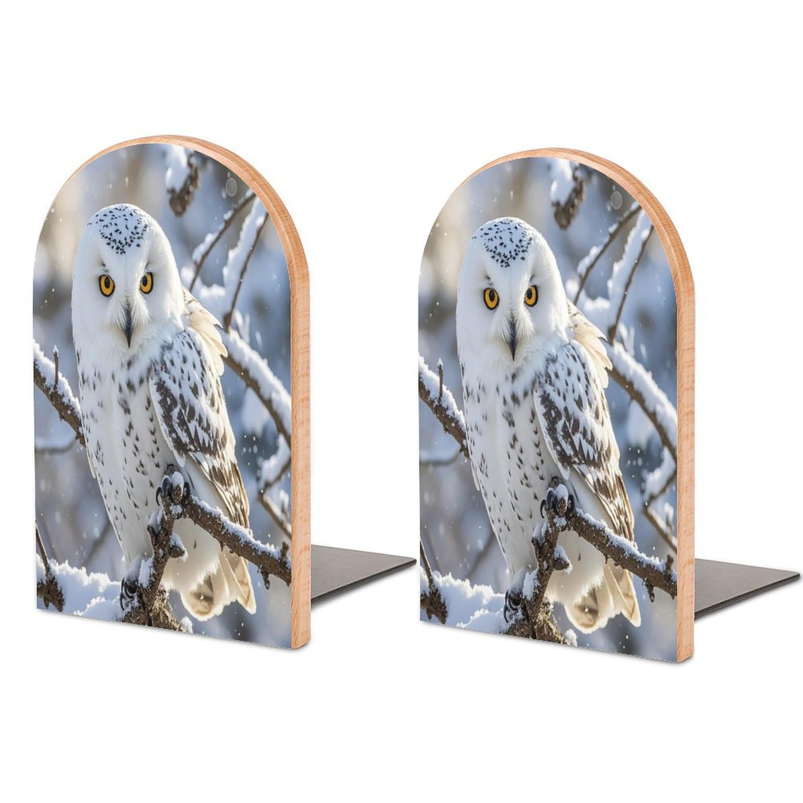 Winter White Owl Bookend Non-Skid Wooden Bookends for Shelves Heavy Duty Wood Book Ends Decorative Book Stopper Book Stand Non-Slip Book Organizer for Home Office Library