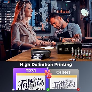 Phomemo TP31 Wireless Tattoo Stencil Printer with 30pcs Transfer Paper, Compatible with Phone & Tablet, Bluetooth Mini Thermal Tattoo Printer Machine for Tattoo Artists & Beginners, 3 Inch, Black