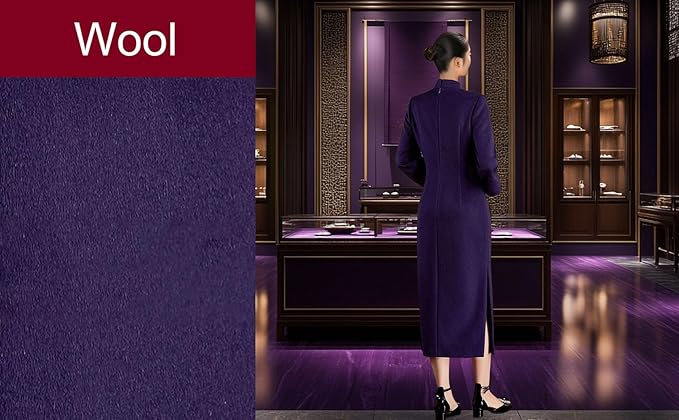 Back zipper detail of the HangErFeng luxury wool cheongsam dress.