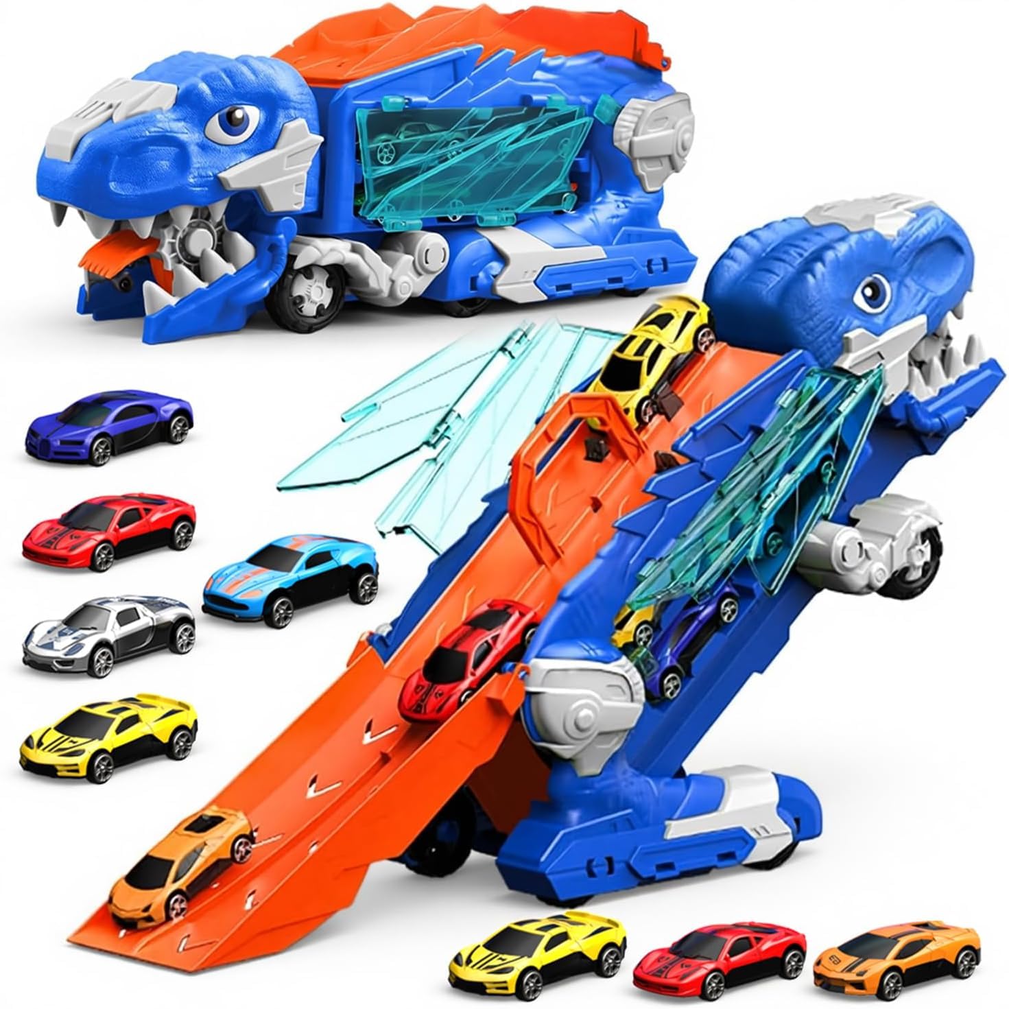 Dinosaurios Camión Juguete con 8 Coches,Coches de Juguete para Niños de 3,4,5,6+Años,Garajes,Circuito de Carreras,Transforma en Dinosaurio con Alas,Camión Transportador,Regalos de Cumpleaños para Niño