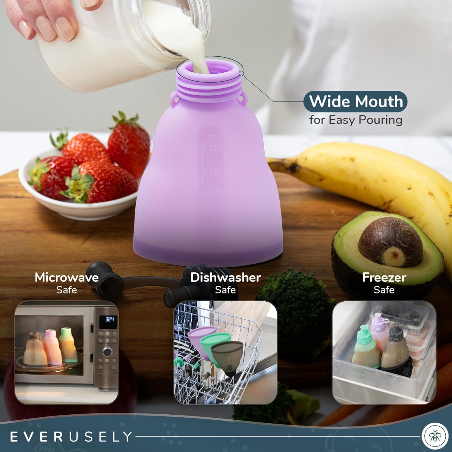 Everusely Reusable Baby Food Pouches for Toddlers - 2 Pack, 6 oz/180 ml, Lavender - Squeezable Silicone Food Pouch - Refillable, Leakproof, Spill Proof Puree Containers - BPA Free - Dishwasher Safe