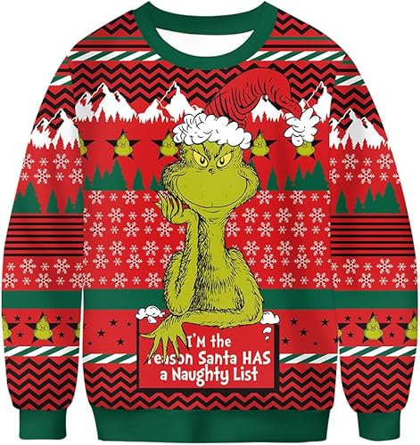 CAKEASY Grinch - Sudadera de Navidad, suéter feo de Navidad para parejas, sudadera de cuello redondo, unisex, de manga larga
