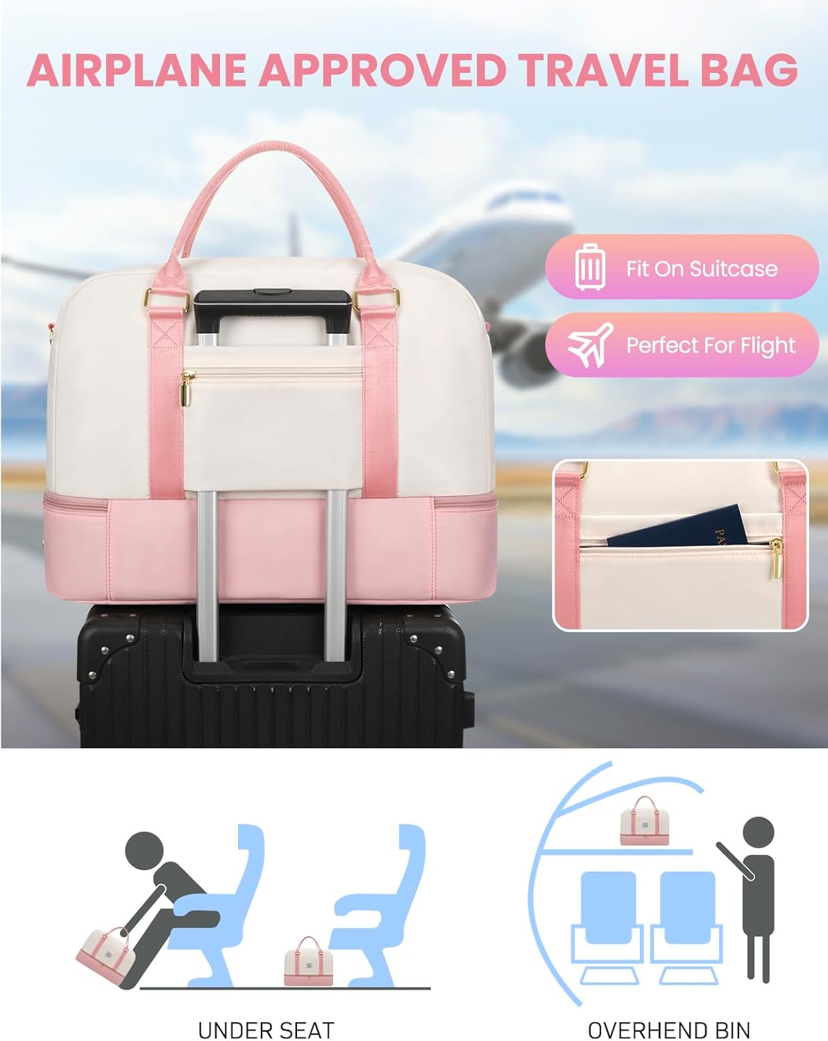 Weekender Travel Duffle Bag for Women: Overnight Bags with Shoe Compartment Carry on Bags for Airplanes with Toiletry Bag Yoga Gym Bag with Wet Pocket Travel Duffel Tote Bag Hospital Bag Pink Beige - Image 5