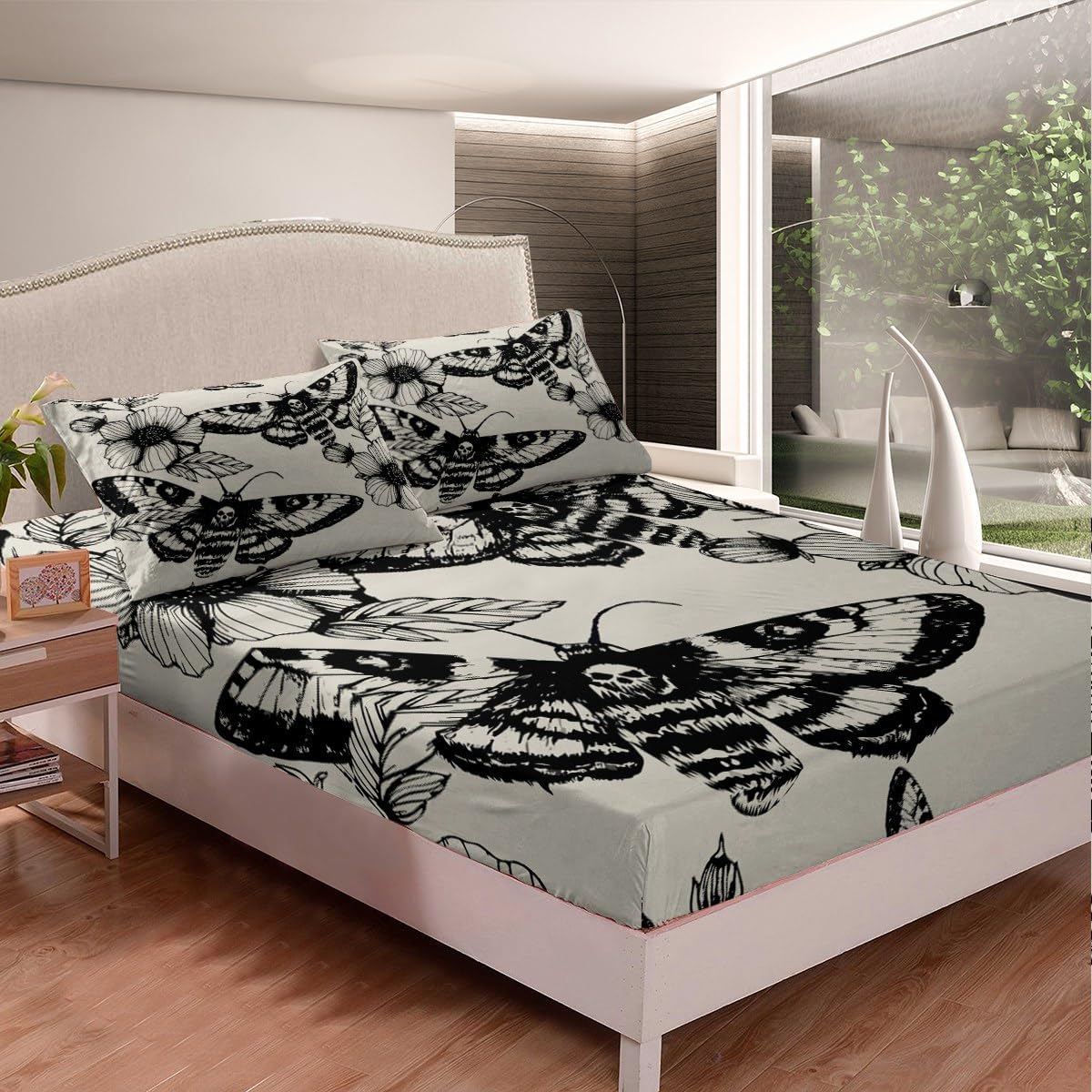 Feelyou Gothic Skull Bedding Set Decorative Death Moth and Flowers Sheet Set King Size for Kids Teens Adults Bedroom Decor Breathable Pesonalized Skeleton Bones Bed Sheet Set Black Cream Bed Sheets