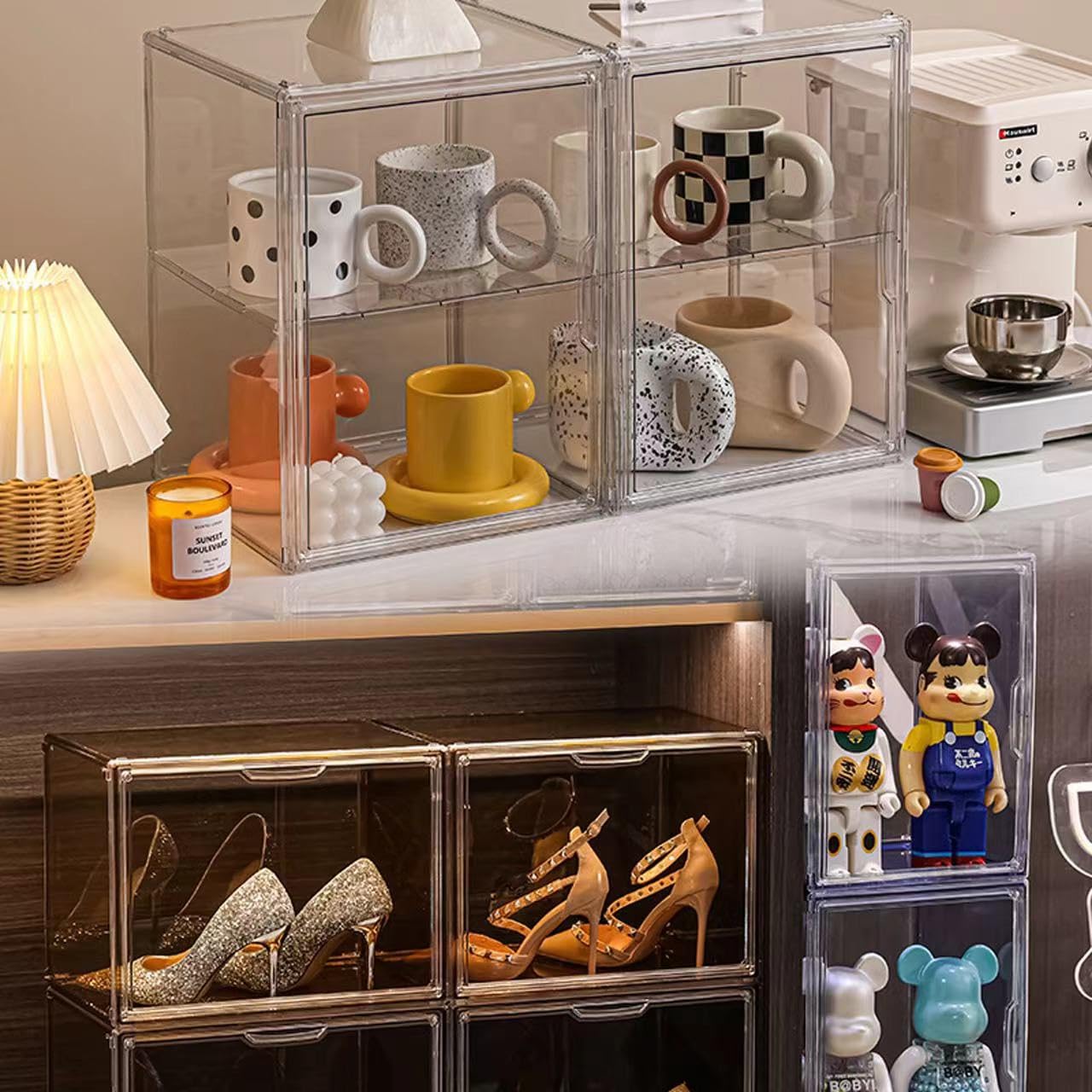 BOHOIDEE Vitrine en acrylique transparent à 4 niveaux pour placard, sac à main, bacs de rangement en plastique avec 3 séparateurs réglables et porte magnétique
