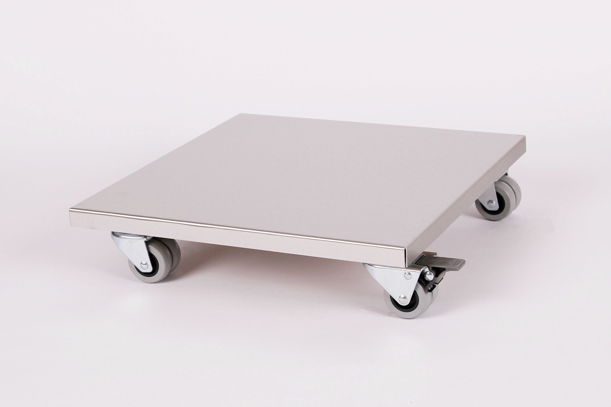 Möbelroller/Pflanzenroller (Profi) 40x40 cm, Edelstahl, 300kg, Doppelrollen + Bremse, Marke: Szagato, Made in Germany (Design-Pflanzenroller Transportroller Rollbrett)