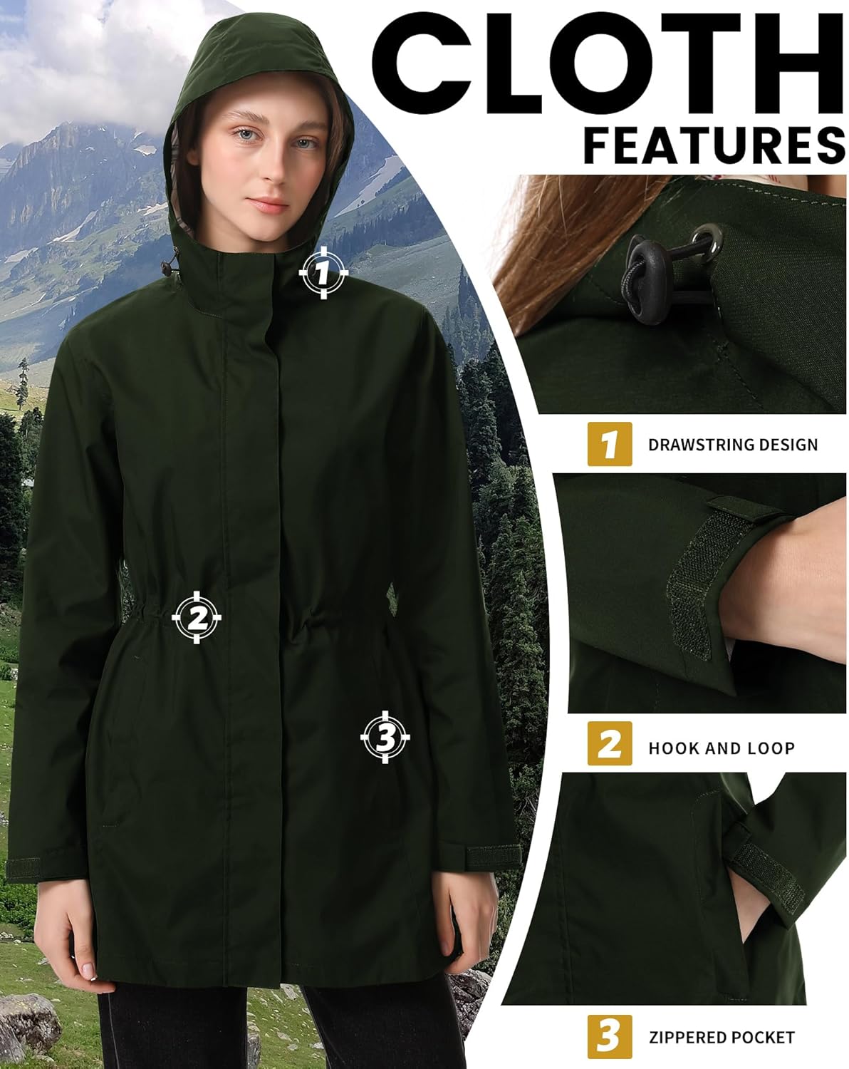 iCreek Women's Rain Jacket Packable Long Raincoat Hooded Plaid Lined Trench Coat Waterproof Windproof Lightweight for Outdoor - Image 3