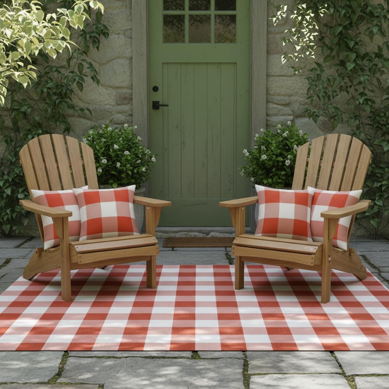 5 Pcs Outdoor Buffalo Plaid Decoration Set 4 Pcs 18x18 Buffalo Check Chair Pillow Covers 1 Cotton Plaid Door Rug for Door Front Porch Farmhouse Bedroom Decoration(Orange and White)