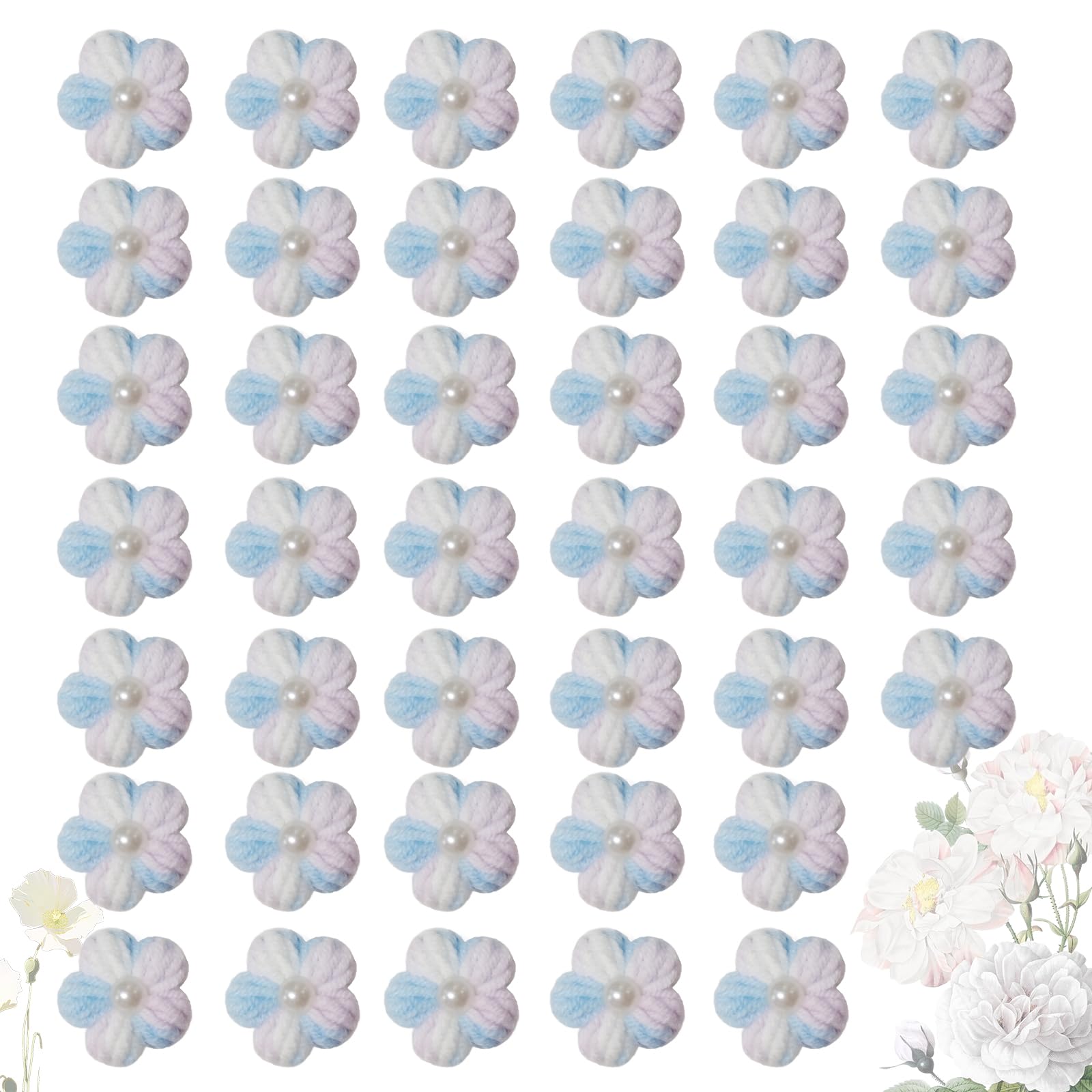 Jtnohx Knitted Flower Patches，Crochet Flowers Applique，40pcs Handmade Floral Sew on Patches，2cm DIY Appliques Embellishments with Pearl, Crochet Floral for Crafts,Sew Accessories(Blue/White/Purple