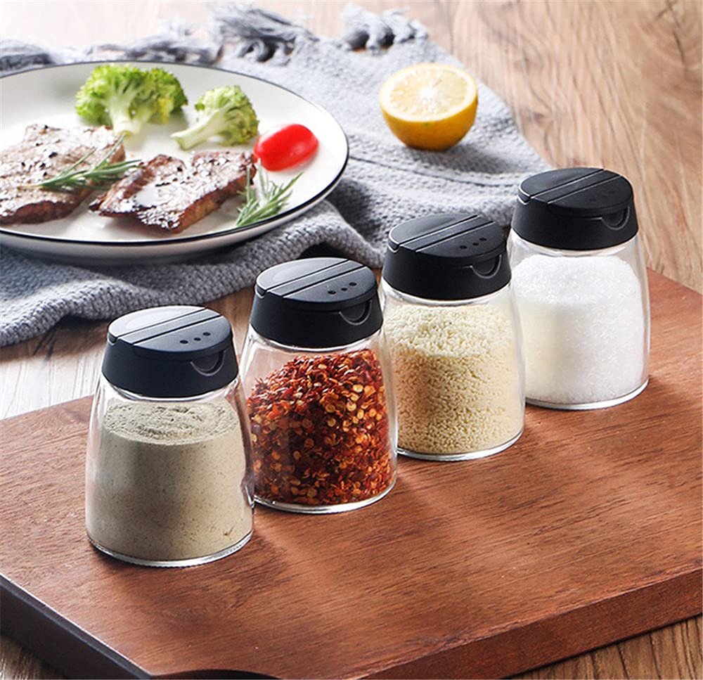 4 Pieces Double Lids Seasoning Stirrers Glass Bottles Spice Stirrers Sieve Spice Jars Salt and Pepper Container Set.