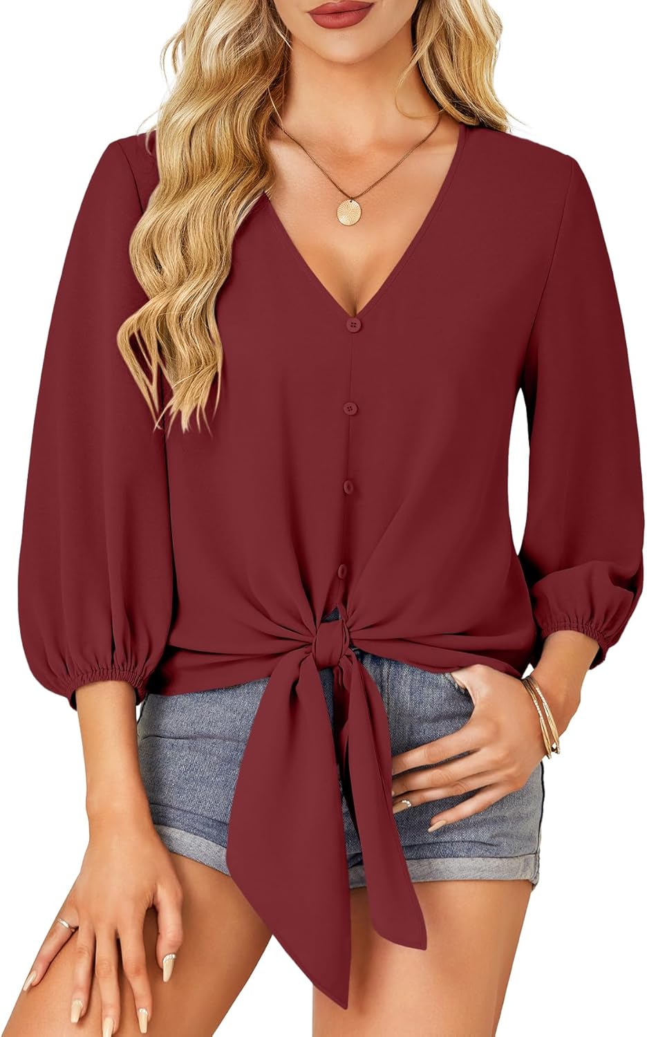 LYANER Women's Casual V Neck Tops 3/4 Sleeve Tie Knot Blouses Solid Button Down Summer Shirts